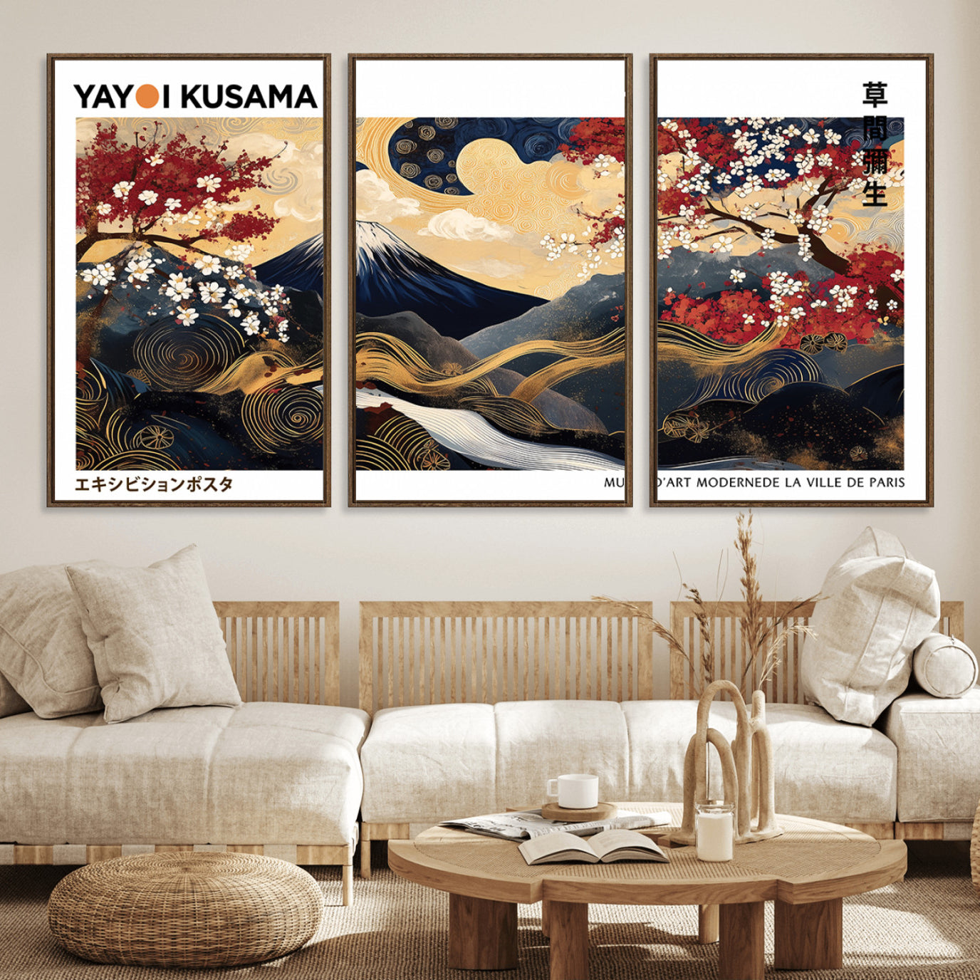 66243961-MGV-FC-60X30-3P_Walnut-Modern Mount Fuji Print, Yayoi Kusama Canvas Wall Art, Abstract Mount Fuji Canvas Print, Japanese