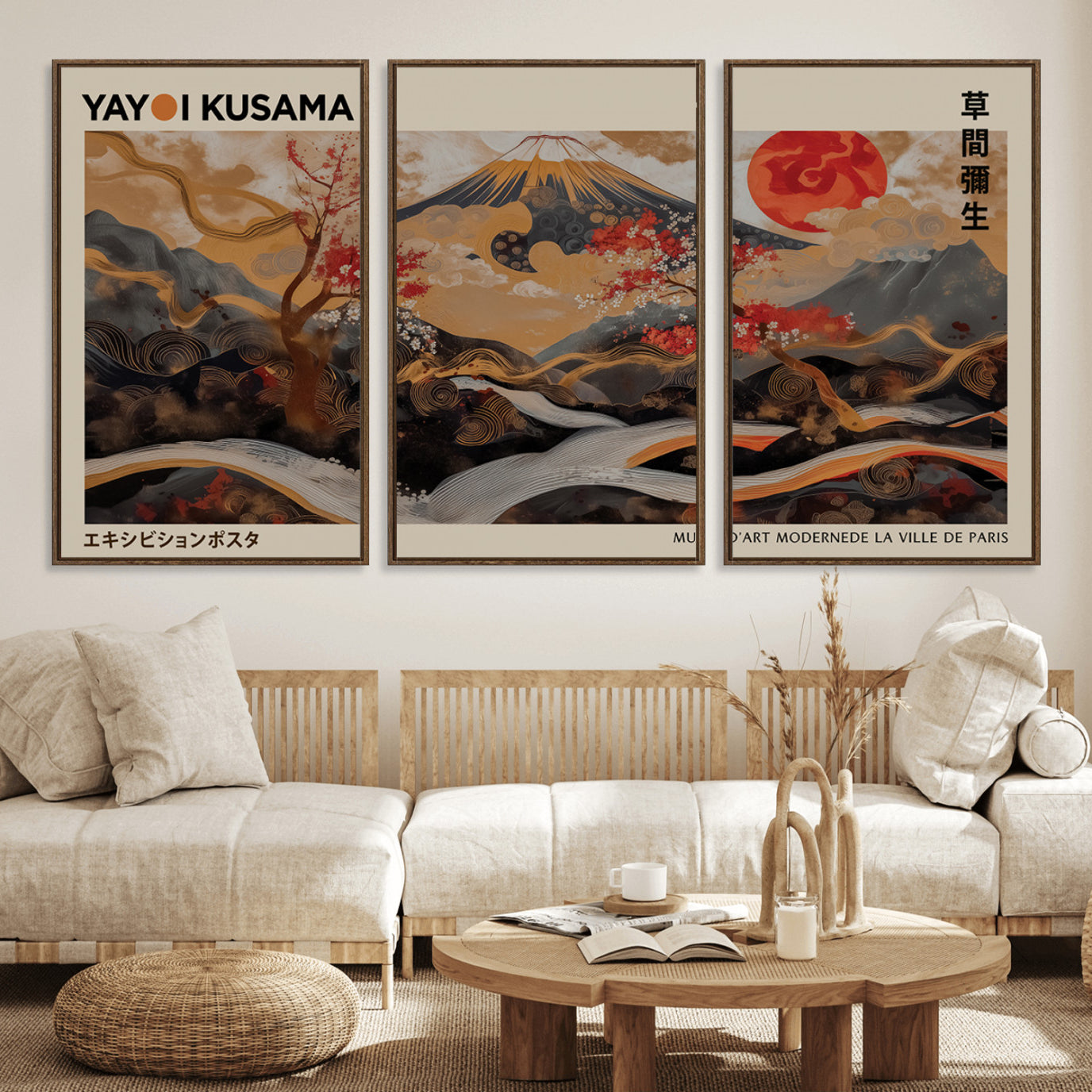 77970791-MGV-FC-60X30-3P_Walnut-Modern Japanese Wall Art Canvas Print – Framed Abstract Mount Fuji Scene with Yayoi Kusama Artwork for Home, Office