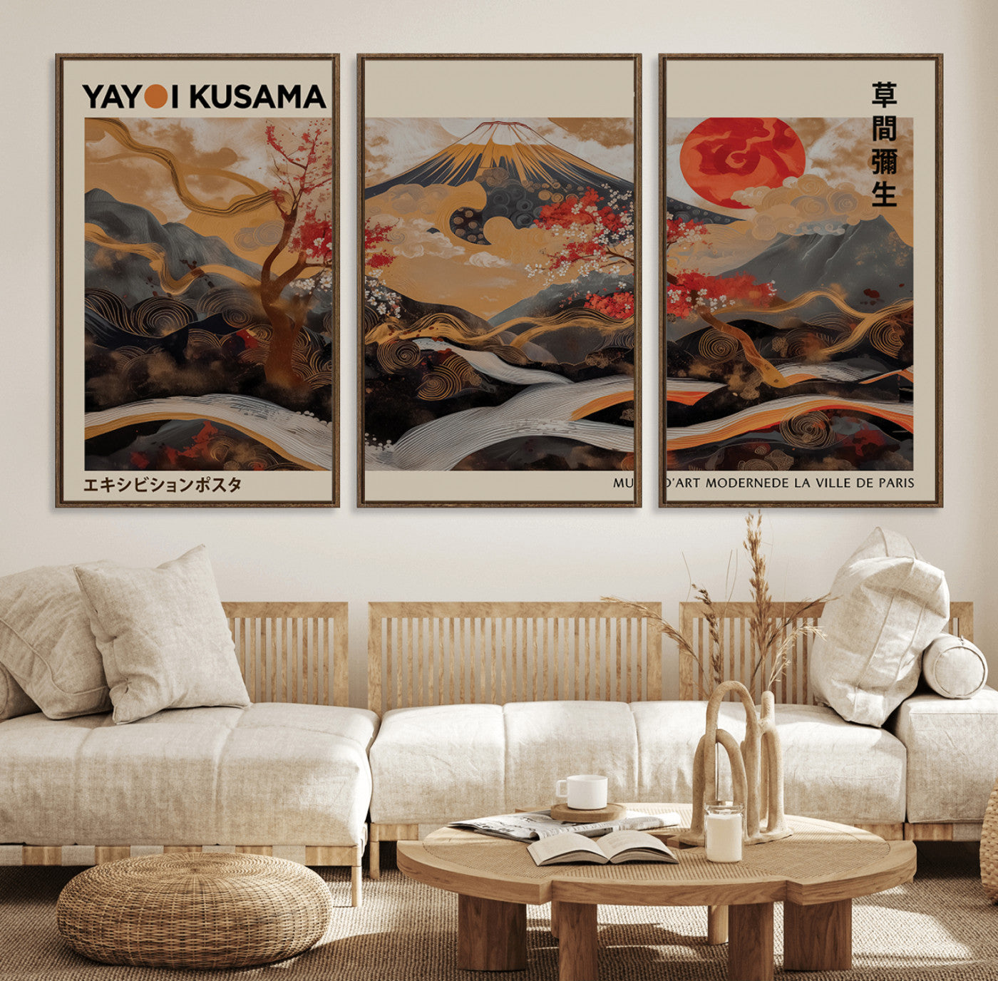 77970791-MGV-FC-60X30-3P_Walnut-Modern Japanese Wall Art Canvas Print – Framed Abstract Mount Fuji Scene with Yayoi Kusama Artwork for Home, Office