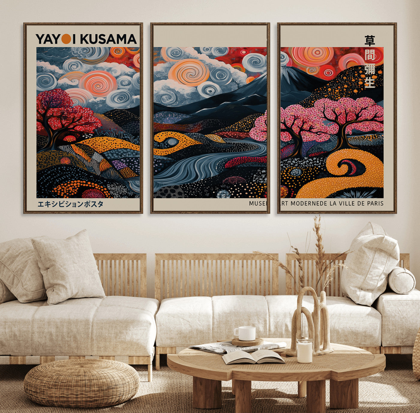 89598235-MGV-FC-60X30-3P_Walnut-Modern Japanese Wall Art Canvas Print – Framed Contemporary Yayoi Kusama Artwork for Home, Office, Living Room