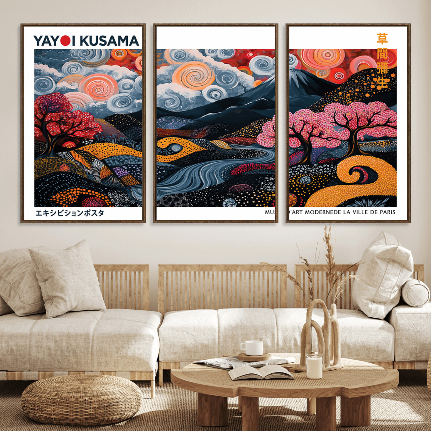 43879290-MGV-FC-60X30-3P_Walnut-Modern Japanese Wall Art Print Yayoi Kusama Canvas Wall Art Abstract Mount Fuji Canvas Print