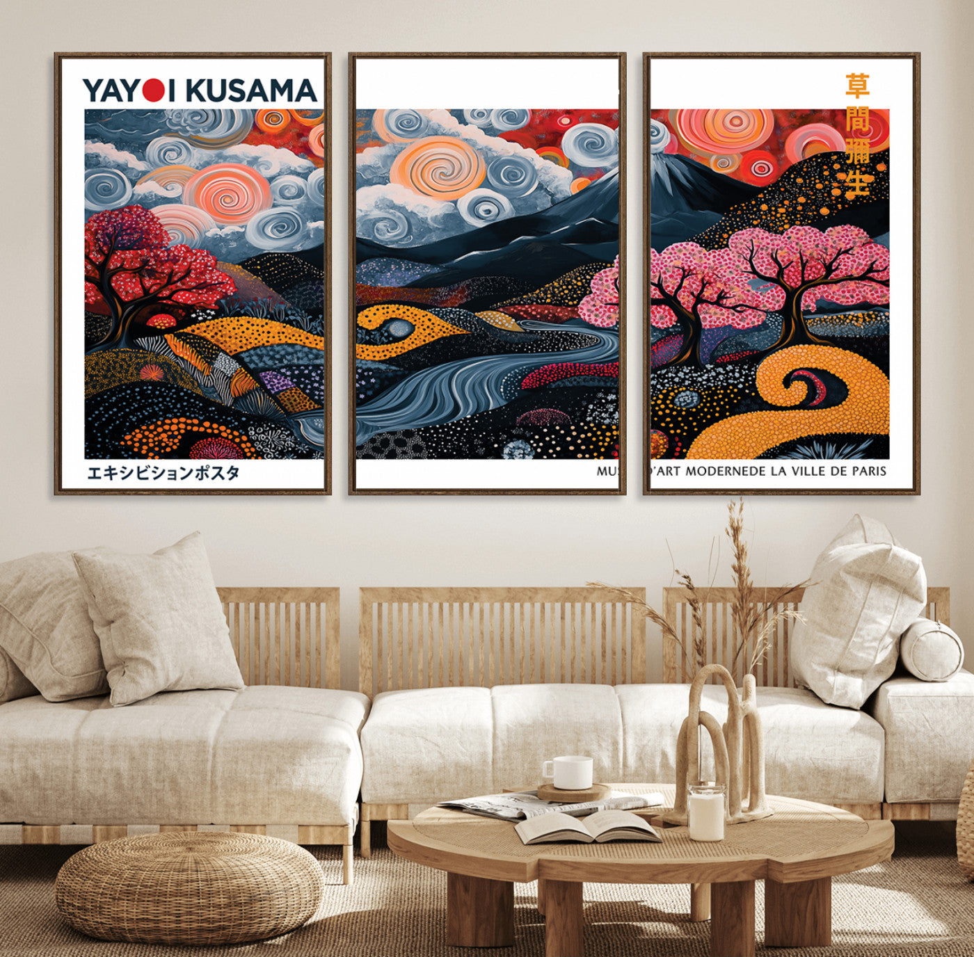 43879290-MGV-FC-60X30-3P_Walnut-Modern Japanese Wall Art Canvas Print – Framed Abstract Mount Fuji Scene with Yayoi Kusama Artwork for Home, Office