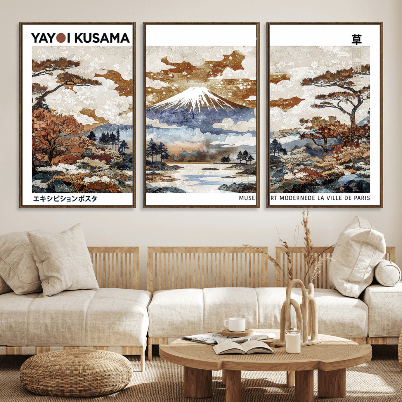 80111817-MGV-FC-60X30-3P_Walnut-Modern Japanese Wall Art Canvas Print – Framed Abstract Mount Fuji Scene with Yayoi Kusama Artwork for Home, Office