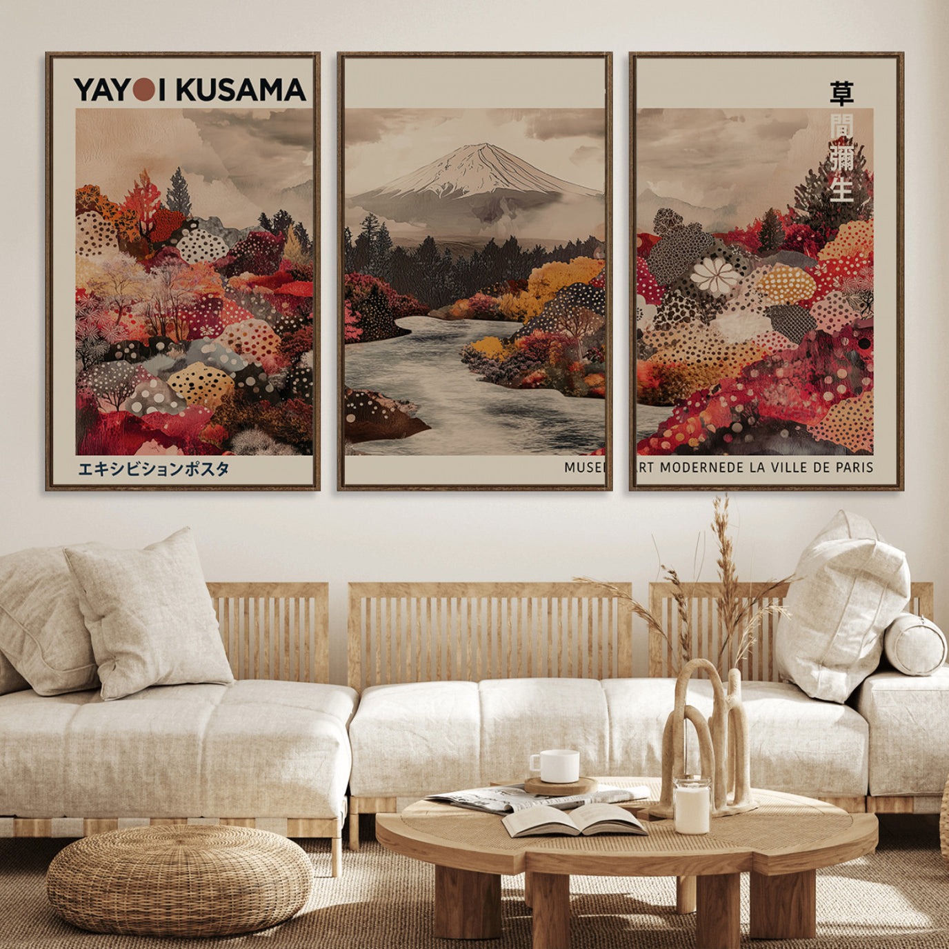 90660838-MGV-FC-60X30-3P_Walnut-Modern Japanese Wall Art Print Yayoi Kusama Canvas Wall Art Abstract Mount Fuji Canvas Print