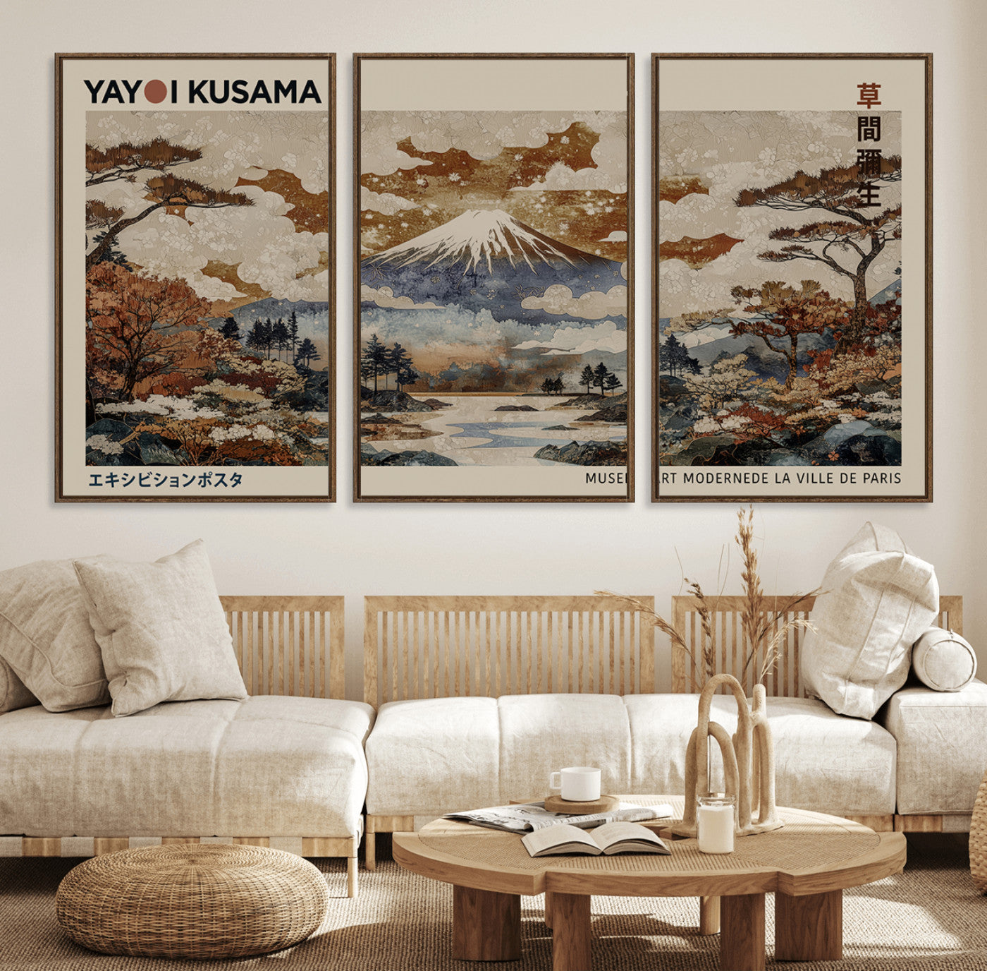 11778299-MGV-FC-60X30-3P_Walnut-Yayoi Kusama Wall Art Canvas Print – Framed Modern Japanese Abstract Mount Fuji Artwork for Home, Office, Living Room