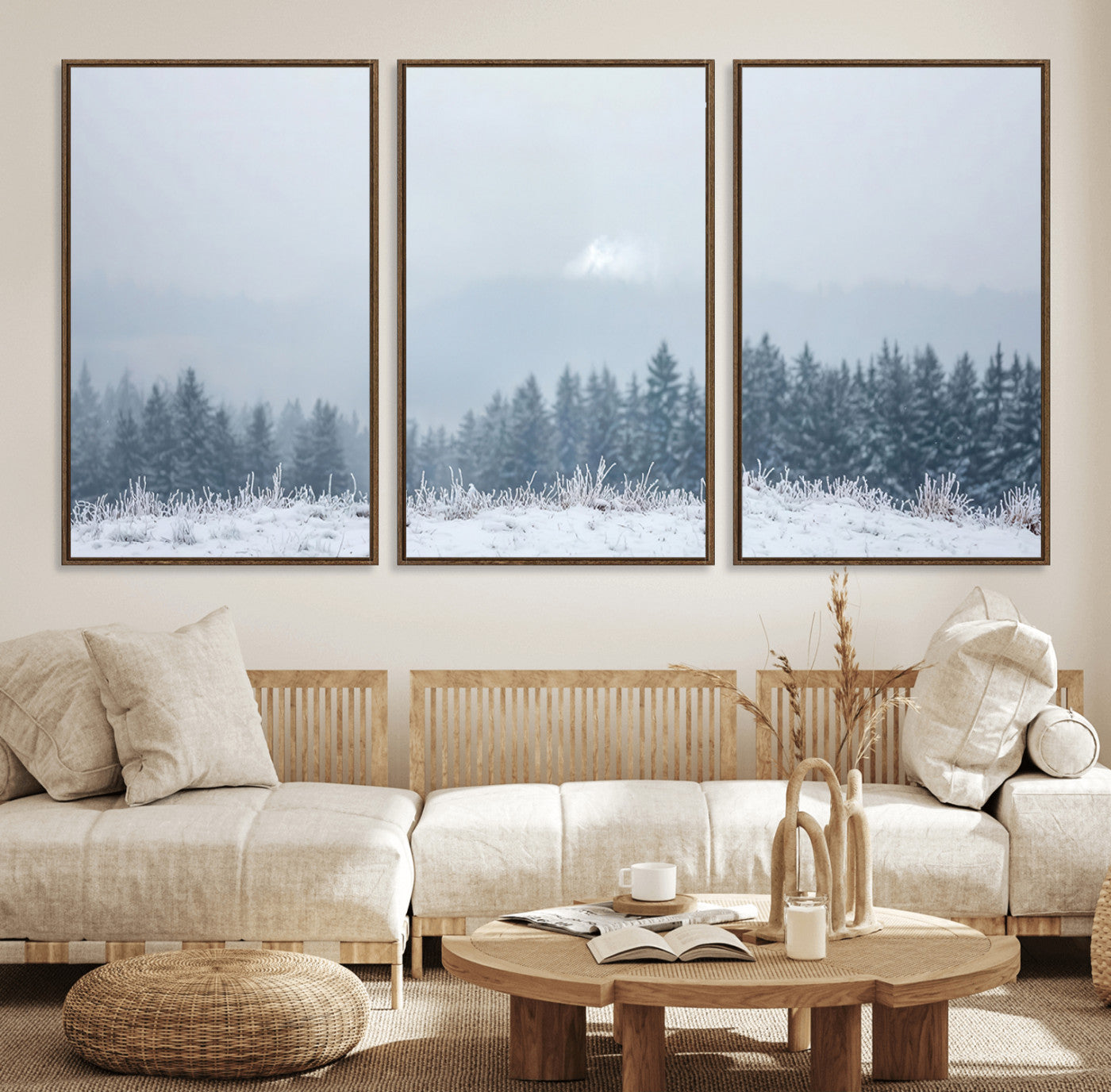 33033082-MGV-FC-60X30-3P_Walnut-Winter Forest Wall Art Canvas Print – Framed Snowy Landscape Art Picture Misty Tree Scene Artwork for Home Office