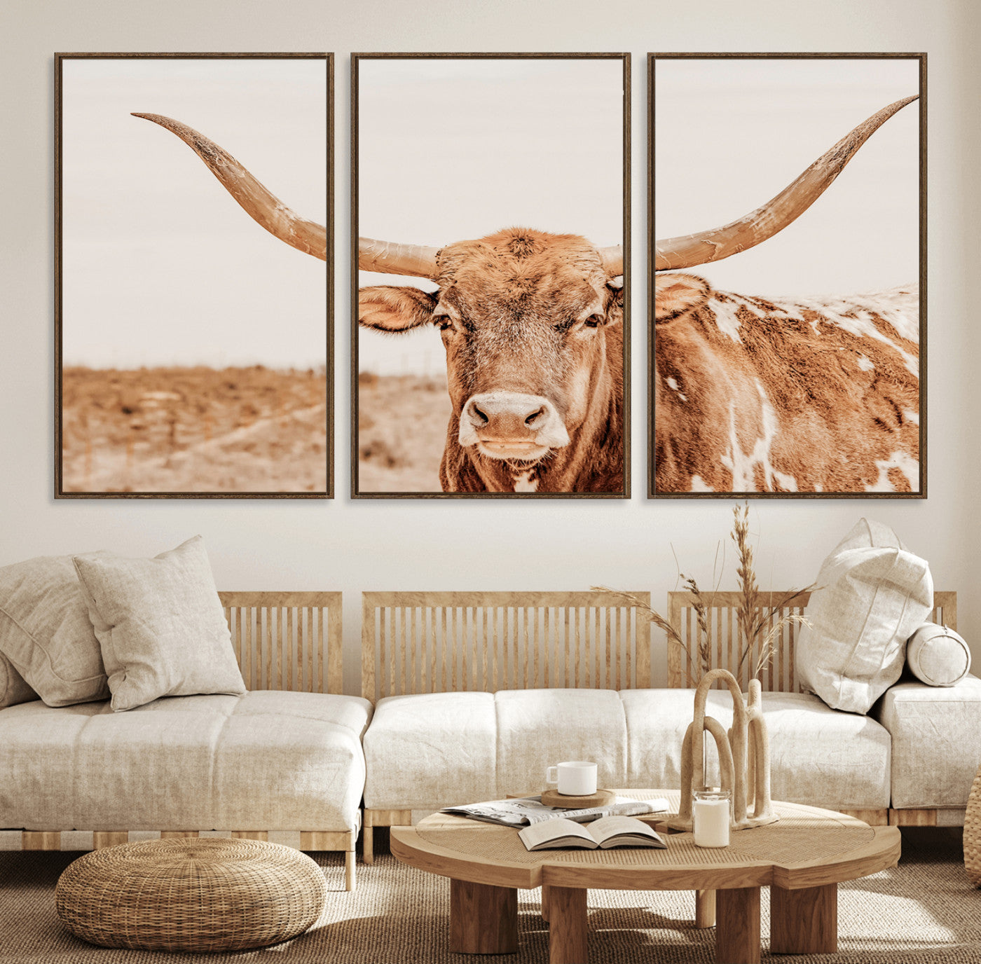 74406977-MGV-FC-60X30-3P_Walnut-Longhorn Bull Wall Art Canvas Print – Framed Western Cow Rustic Farmhouse Neutral Country Animal Artwork for Home Office