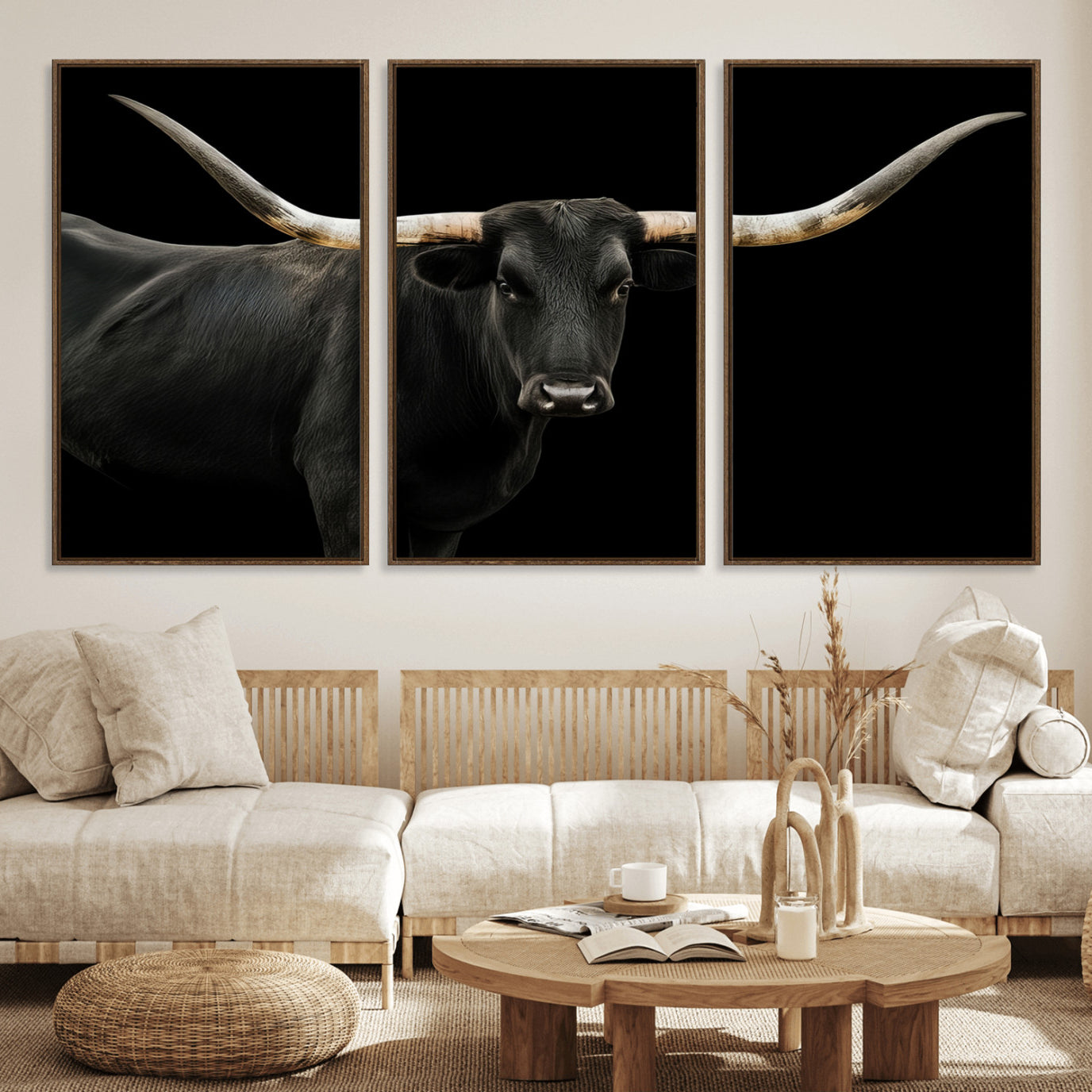 23572907-MGV-FC-60X30-3P_Walnut-Texas Longhorn Wall Art Canvas Print, Framed Rustic Western Art Picture Print, Farmhouse Animal Perfect Modern Western Minimalist Decor Artwork