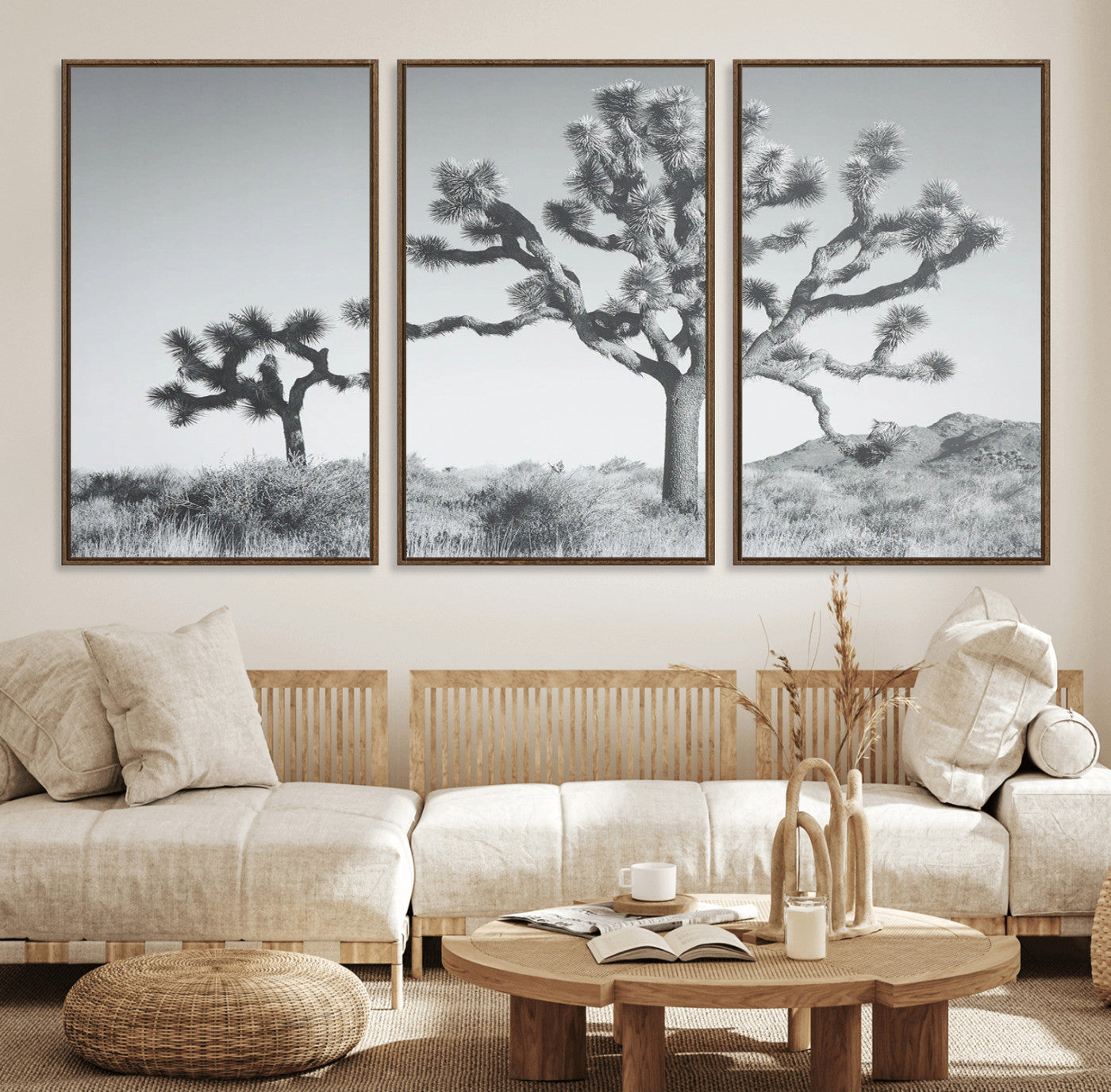 58647785-MGV-FC-60X30-3P_Walnut-Joshua Trees Wall Art Canvas Print – Framed Black White Desert Landscape Dry Grass Hills Tranquil Artwork for Home Office