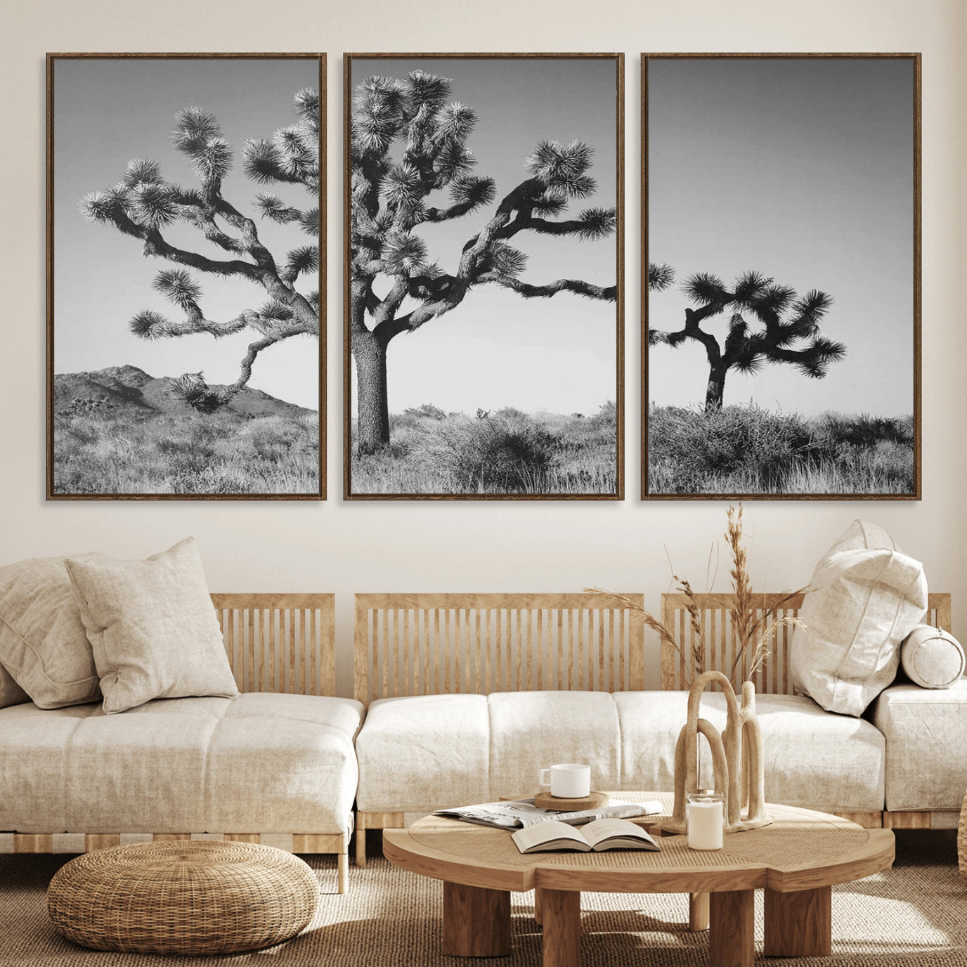 93692513-MGV-FC-60X30-3P_Walnut-Joshua Tree Wall Art Canvas Print – Framed Monochrome Desert Minimalist Nature Scene Southwestern Artwork for Home Office