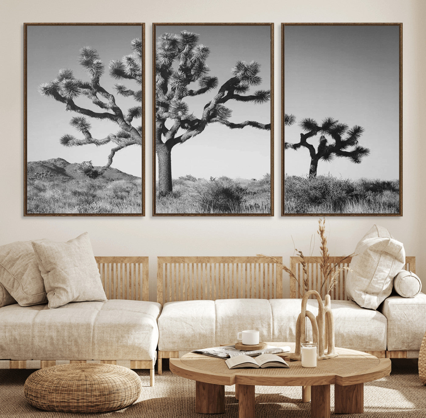 93692513-MGV-FC-60X30-3P_Walnut-Joshua Tree Wall Art Canvas Print – Framed Monochrome Desert Minimalist Nature Scene Southwestern Artwork for Home Office