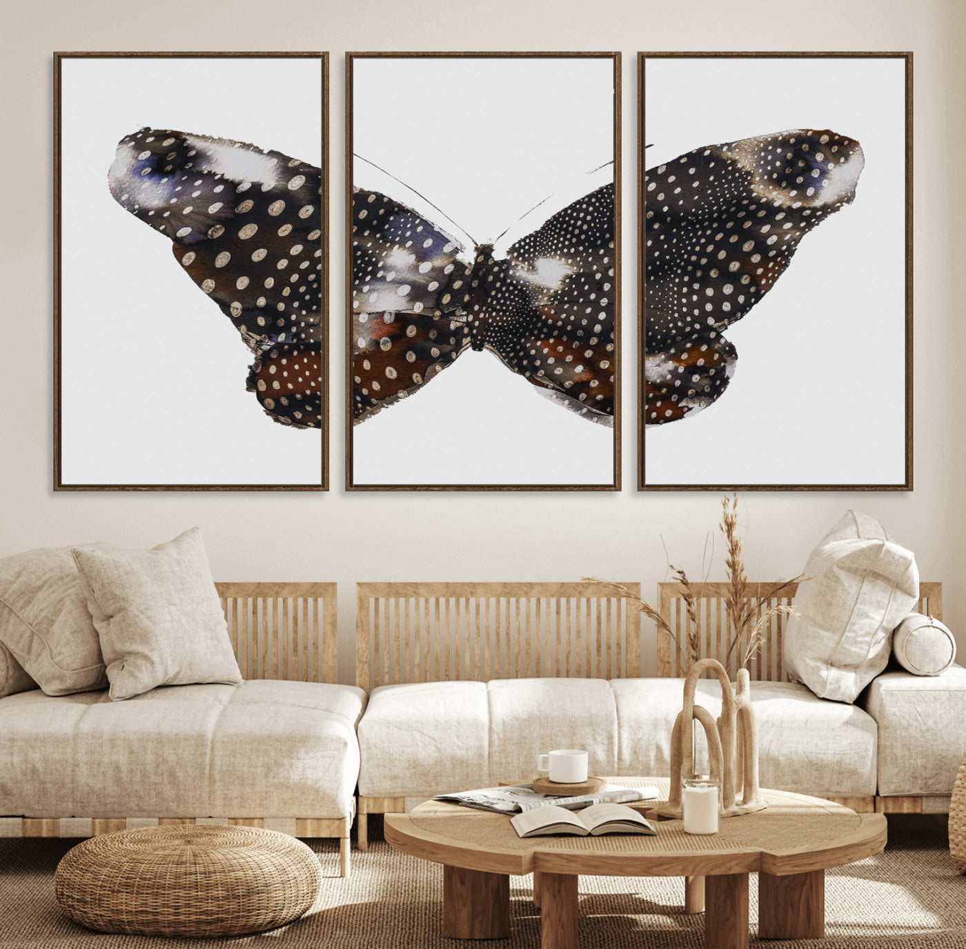 99831147-MGV-FC-60X30-3P_Walnut-Spotted Butterfly Wall Art Canvas Print – Framed Neutral Insect Earthy Wing Pattern Modern Rustic Nature Artwork for Home Office