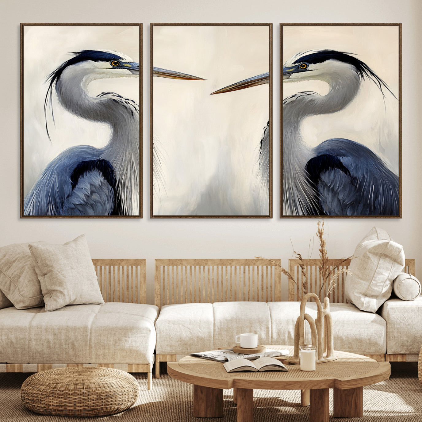 18230556-MGV-FC-60X30-3P_Walnut-Blue Heron Pair Wall Art Canvas Print – Framed Coastal Bird Tranquil Wildlife Scene Minimalist Nature Artwork for Home Office