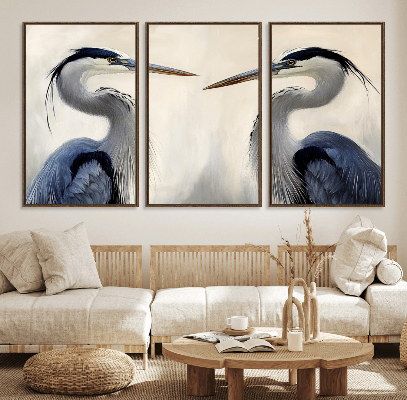 18230556-MGV-FC-60X30-3P_Walnut-Blue Heron Pair Wall Art Canvas Print – Framed Coastal Bird Tranquil Wildlife Scene Minimalist Nature Artwork for Home Office