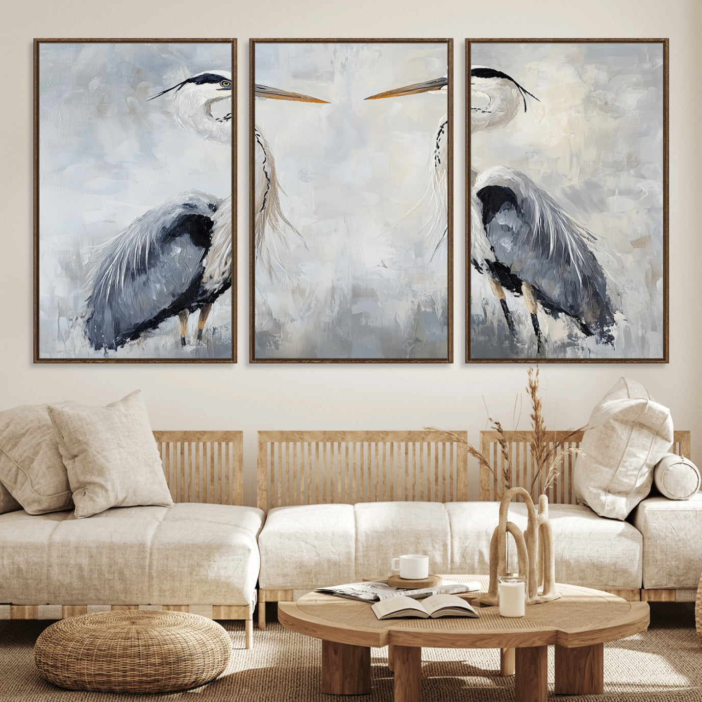 90806932-MGV-FC-60X30-3P_Walnut-Heron Wall Art Canvas Print – Framed Bird Nature Inspired Coastal Minimalist Wildlife Artwork for Home Office
