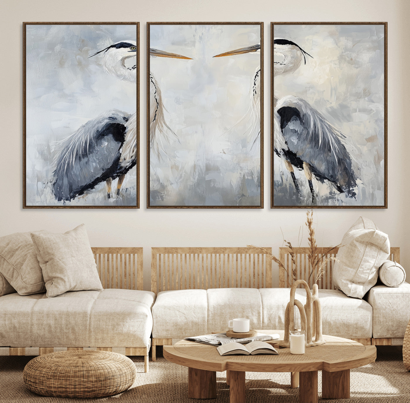 90806932-MGV-FC-60X30-3P_Walnut-Heron Wall Art Canvas Print – Framed Bird Nature Inspired Coastal Minimalist Wildlife Artwork for Home Office