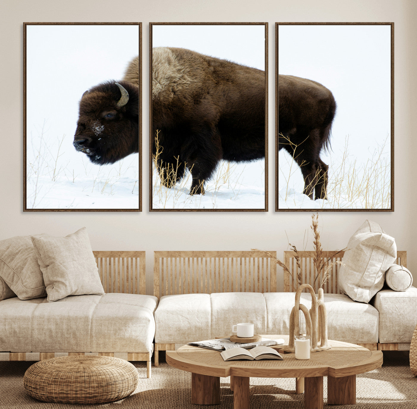 76778120-MGV-FC-60X30-3P_Walnut-Bison Wall Art Canvas Print – Framed Western Wildlife Buffalo Snow Rustic Nature Scene Artwork for Home Office