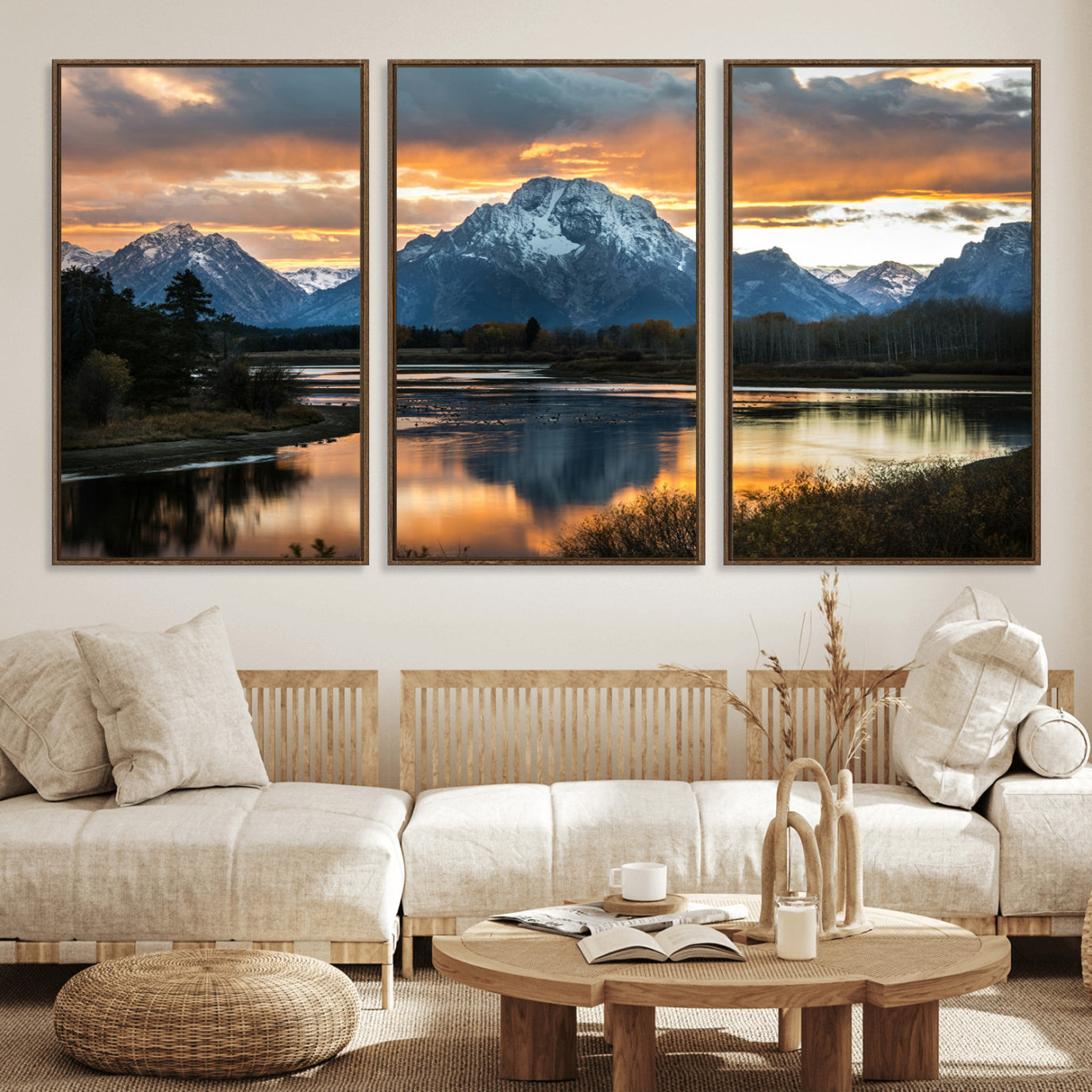 14130176-MGV-FC-60X30-3P_Walnut-Mountain Sunset Wall Art Canvas Print – Framed Alpine Wilderness Golden Hour Scenic Nature Artwork for Home Offic