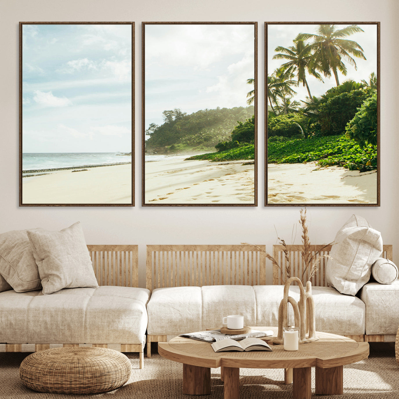 42984524-MGV-FC-60X30-3P_Walnut-Relaxing Beach Wall Art Canvas Print – Framed Ocean View Coastal Serenity Tropical Nature Scene Artwork for Home Office