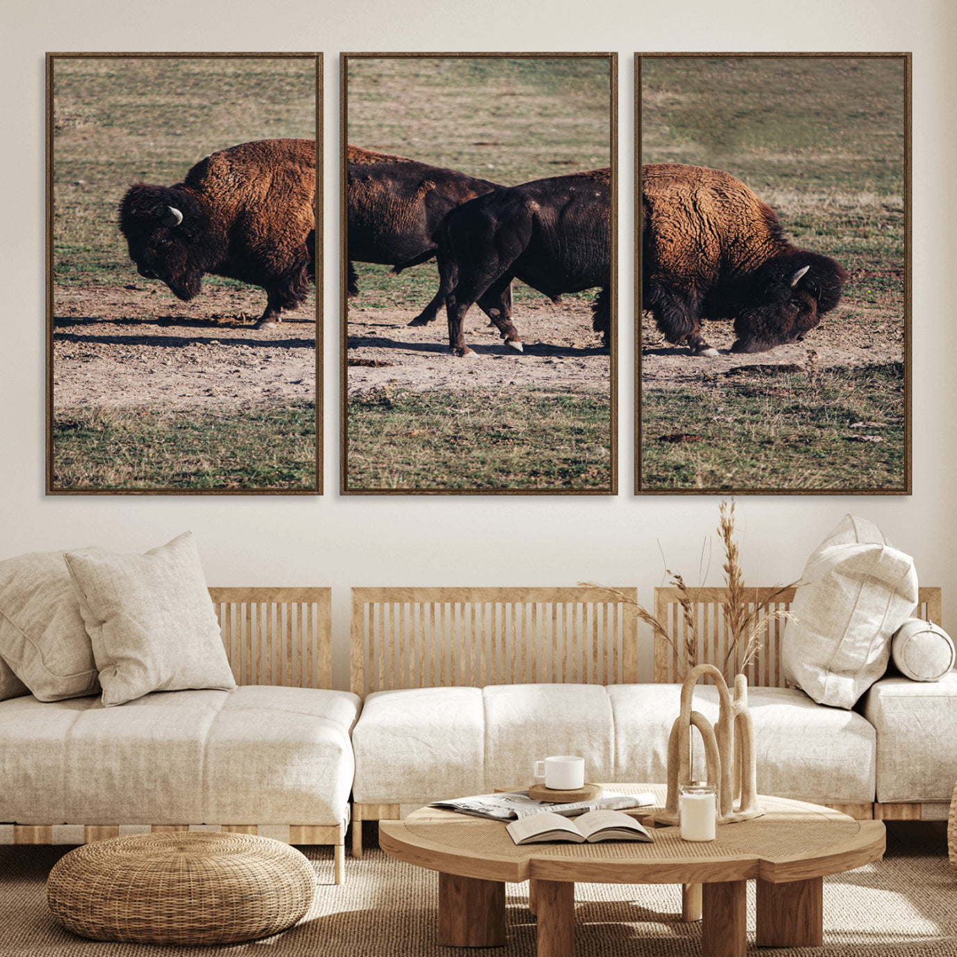 58141885-MGV-FC-60X30-3P_Walnut-Bison Wall Art Canvas Print – Framed Western Wildlife Modern Ranch Rustic Nature Scene Artwork for Home Office