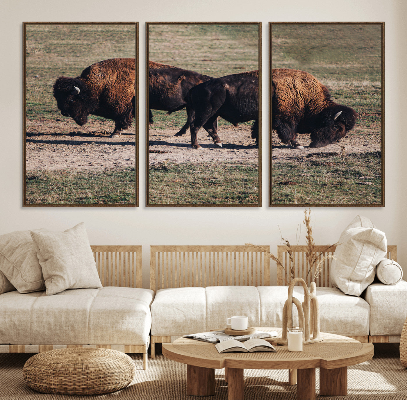 58141885-MGV-FC-60X30-3P_Walnut-Bison Wall Art Canvas Print – Framed Western Wildlife Modern Ranch Rustic Nature Scene Artwork for Home Office