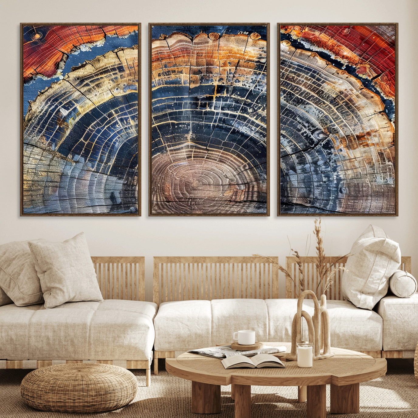 60292921-MGV-FC-60X30-3P_Walnut-Tree Rings Wall Art Canvas Print – Framed Petrified Wood Modern Rustic Nature Scene Artwork for Home Office