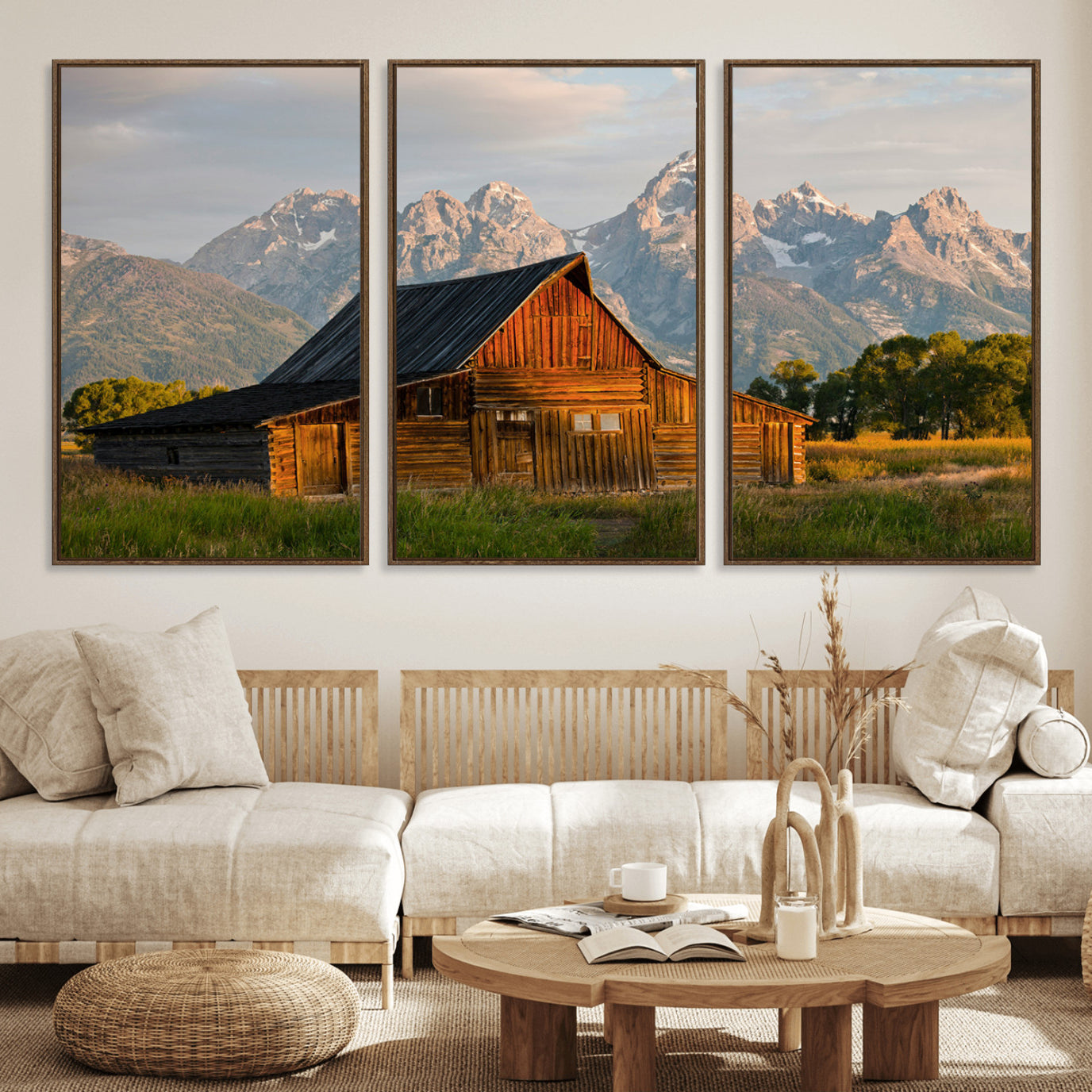 31771014-MGV-FC-60X30-3P_Walnut-Rustic Barn Wall Art Canvas Print – Framed Western Landscape Farmhouse Style Rustic Nature Scene Artwork for Home Office