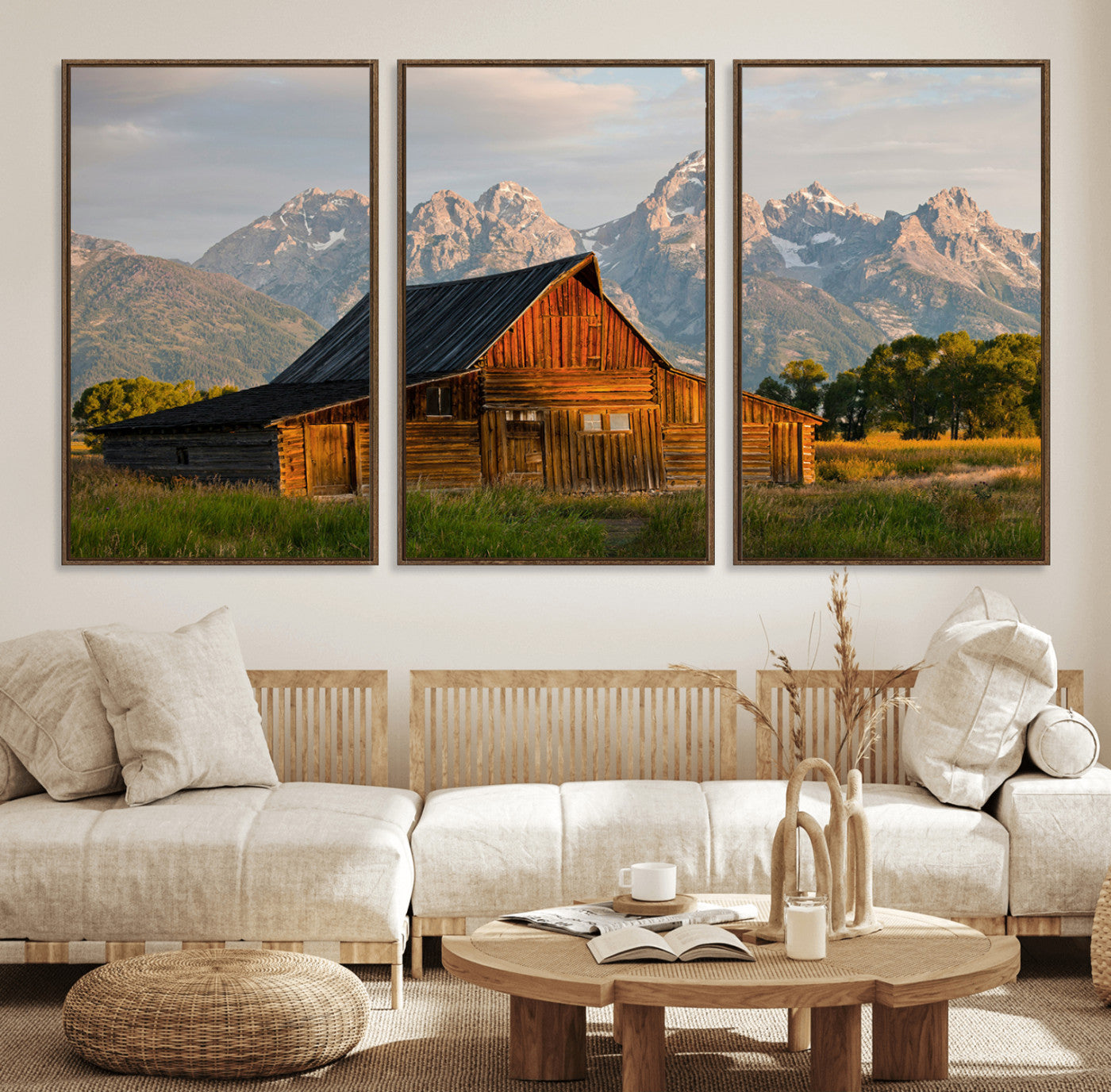 31771014-MGV-FC-60X30-3P_Walnut-Rustic Barn Wall Art Canvas Print – Framed Western Landscape Farmhouse Style Rustic Nature Scene Artwork for Home Office