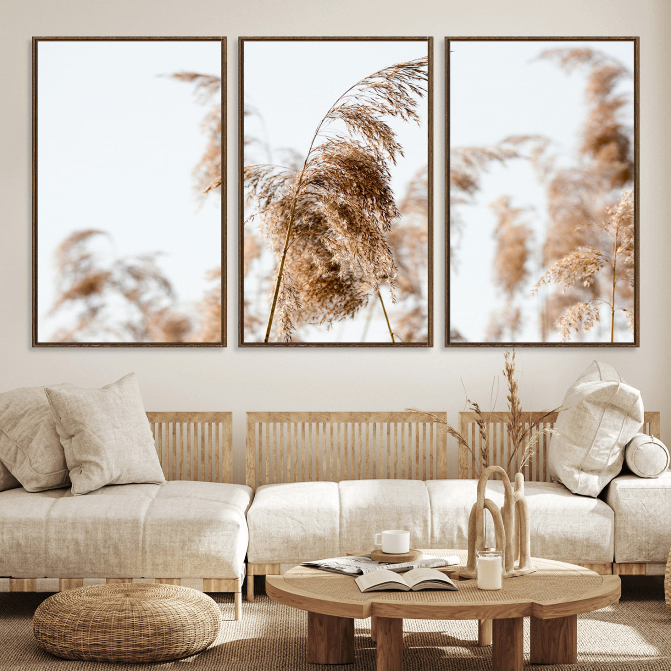 17019393-MGV-FC-60X30-3P_Walnut-Pampas Grass Wall Art Canvas Print – Framed Neutral Tones Minimalist Nature Boho Scene Artwork for Home Office