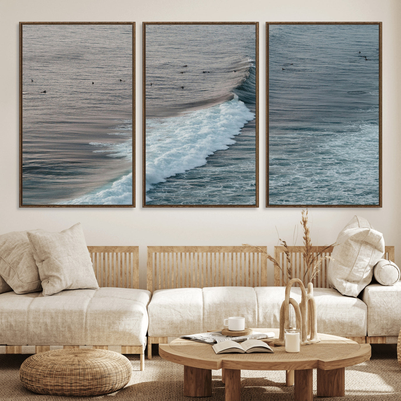 23077324-MGV-FC-60X30-3P_Walnut-Ocean Waves Wall Art Canvas Print – Framed Coastal Serenity Surf Nature Scene Artwork for Home Office