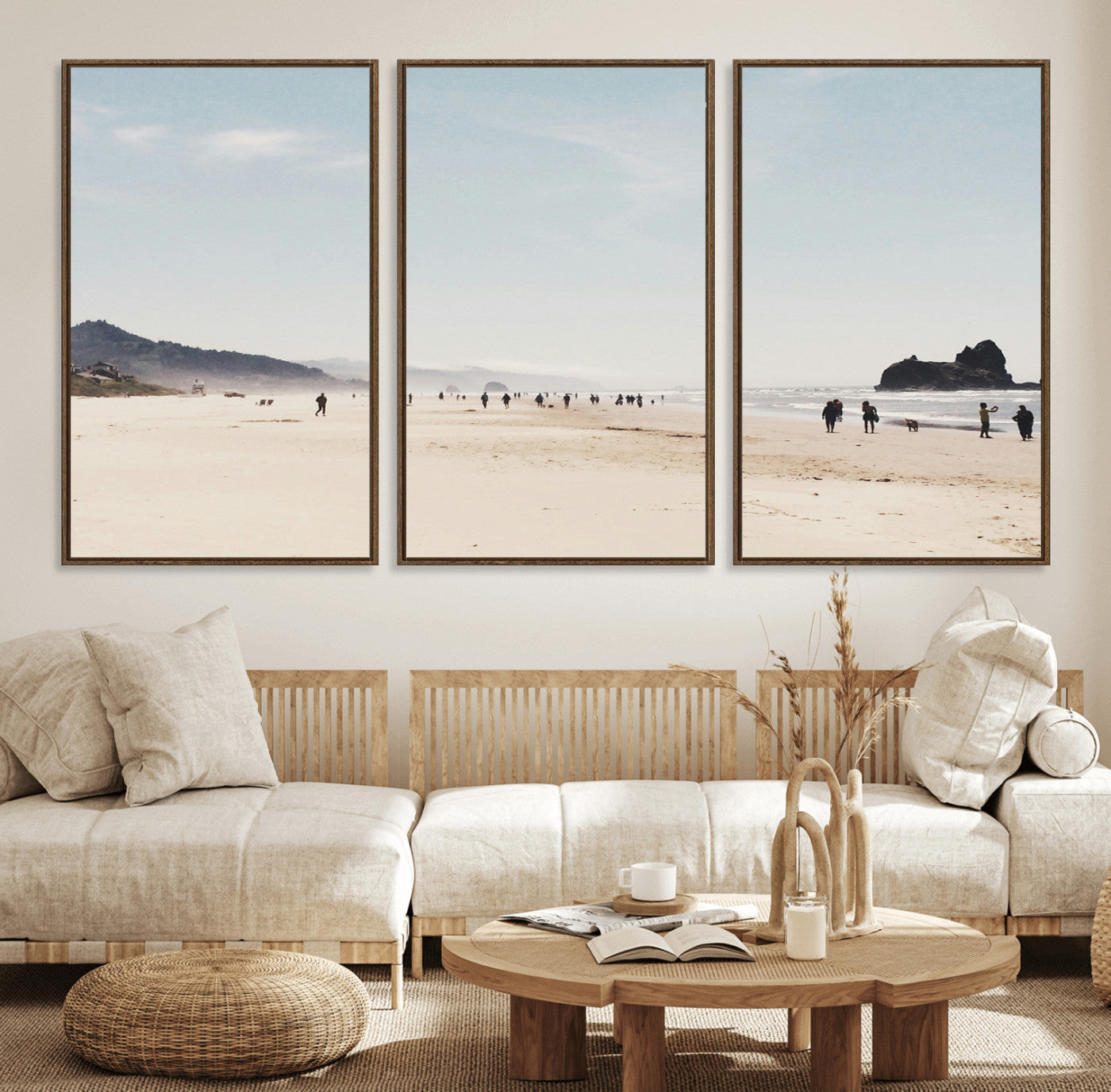 28307820-MGV-FC-60X30-3P_Walnut-Minimalist Beach Wall Art Canvas Print – Framed Coastal Serenity Soft Sand Nature Scene Artwork for Home Office