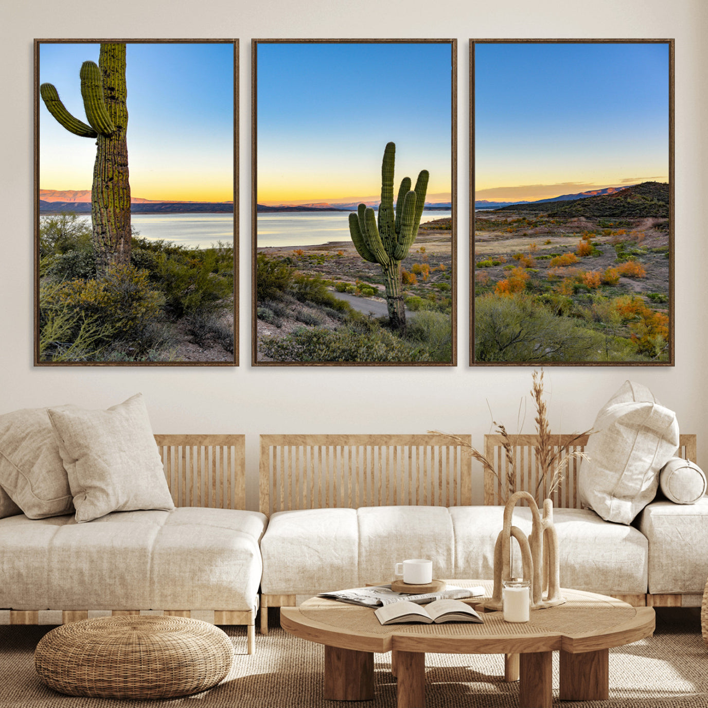 52844711-MGV-FC-60X30-3P_Walnut-Saguaro Cactus Wall Art Canvas Print – Framed Desert Sunset Southwestern Nature Scene Artwork for Home Office