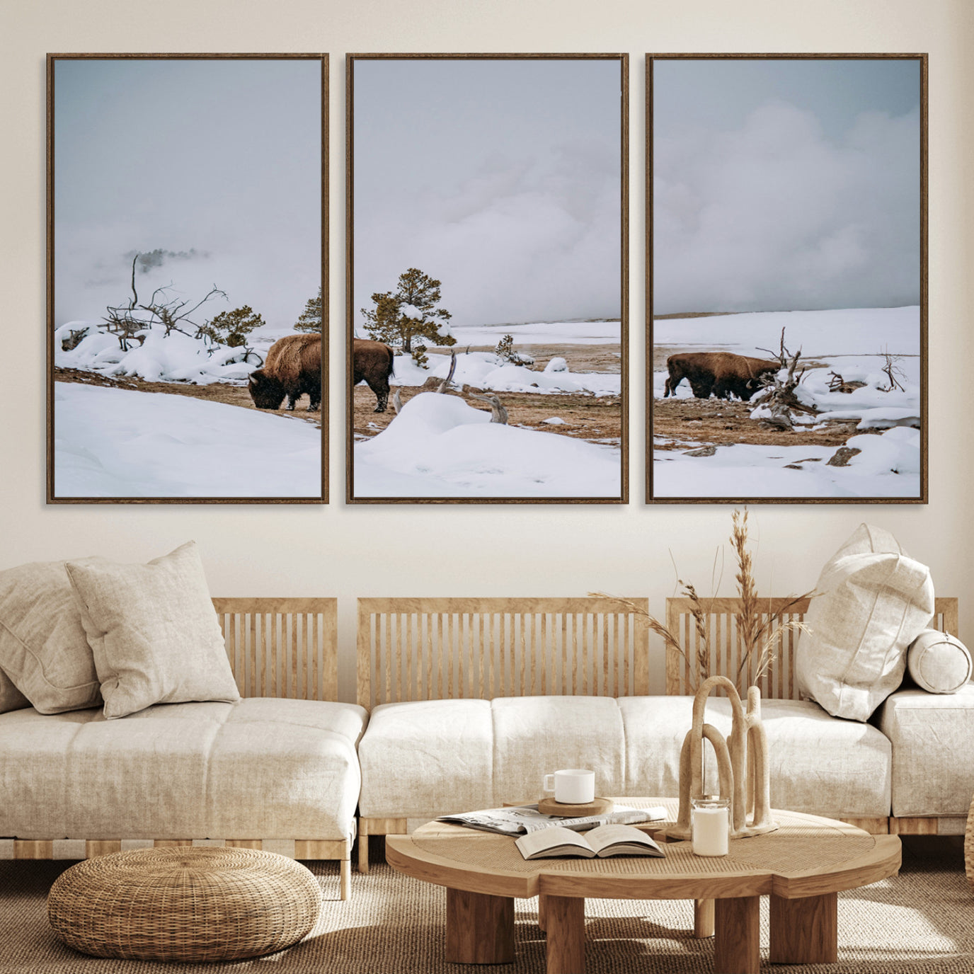60308289-MGV-FC-60X30-3P_Walnut-Bison Wildlife Wall Art Canvas Print – Framed Snowy Prairie Western Rustic Nature Scene Artwork for Home Office
