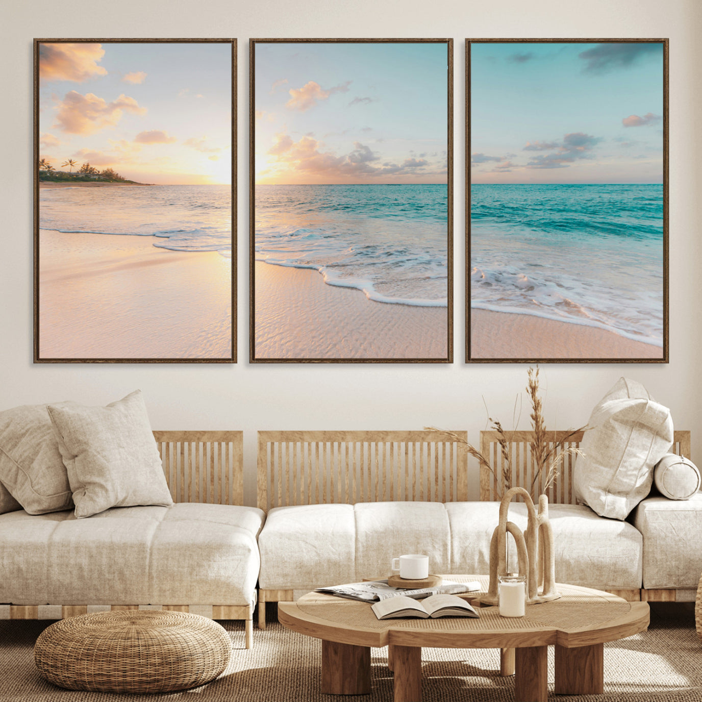 94538225-MGV-FC-60X30-3P_Walnut-Beach Sunset Wall Art Canvas Print – Framed Ocean Waves Summer Escape Coastal Nature Scene Artwork for Home Office