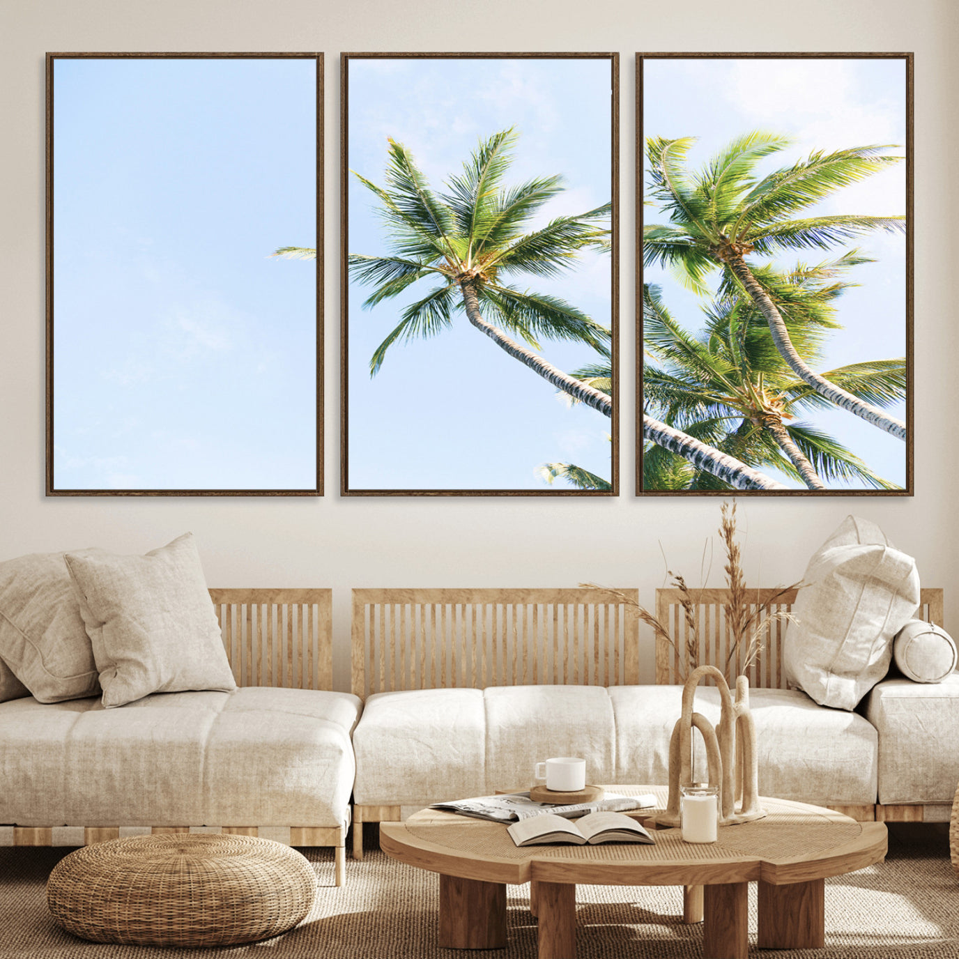 54719115-MGV-FC-60X30-3P_Walnut-Palm Trees Wall Art Canvas Print – Framed Tropical Coastal Nature Scene Artwork for Home Office