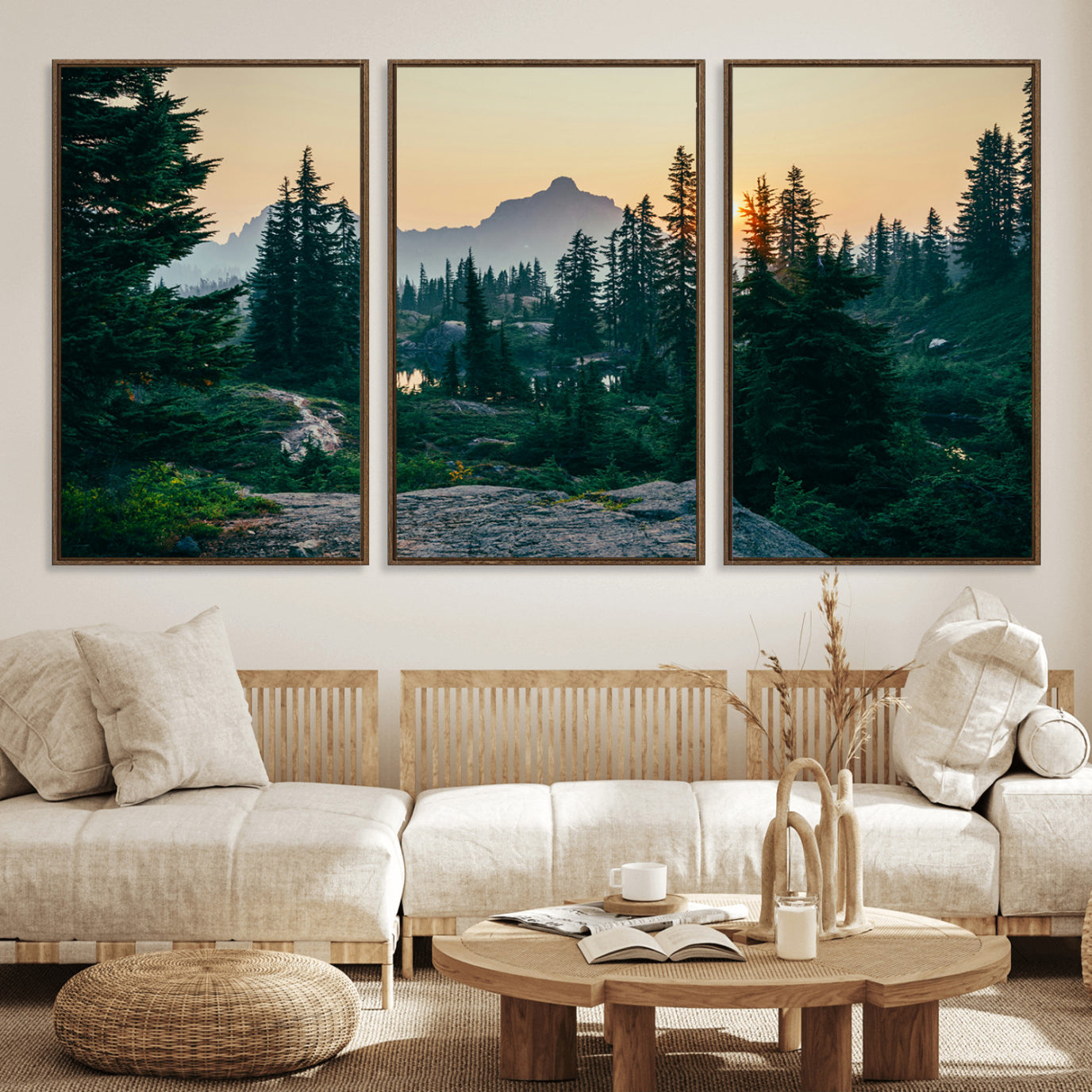 66397982-MGV-FC-60X30-3P_Walnut-Mountain Wall Art Canvas Print – Framed Forest Serenity Mountain Nature Scene Artwork for Home Office