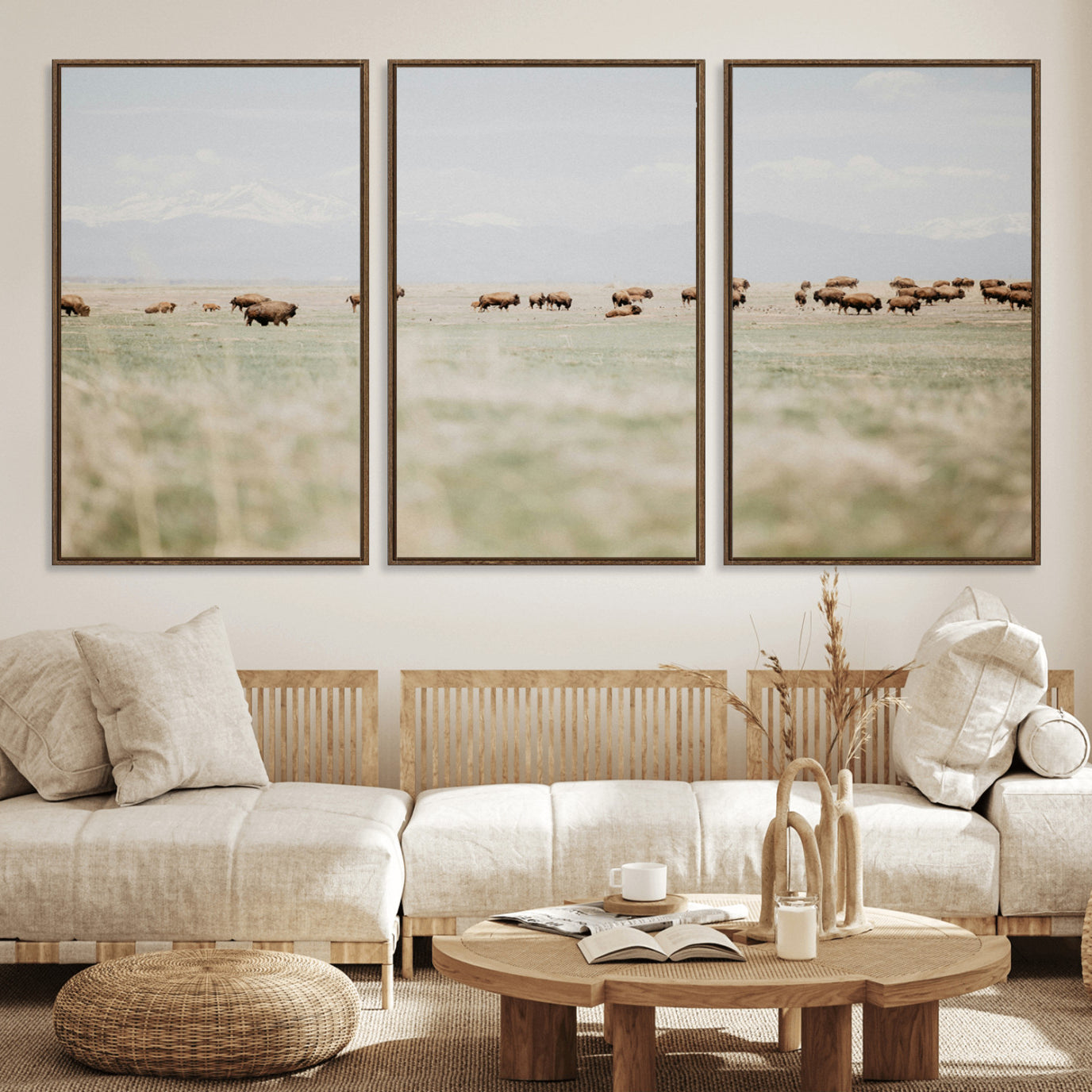 36510917-MGV-FC-60X30-3P_Walnut-Bison Herd Wall Art Canvas Print – Framed Western Bison Ranch Nature Scene Artwork for Home, Office, Living Room