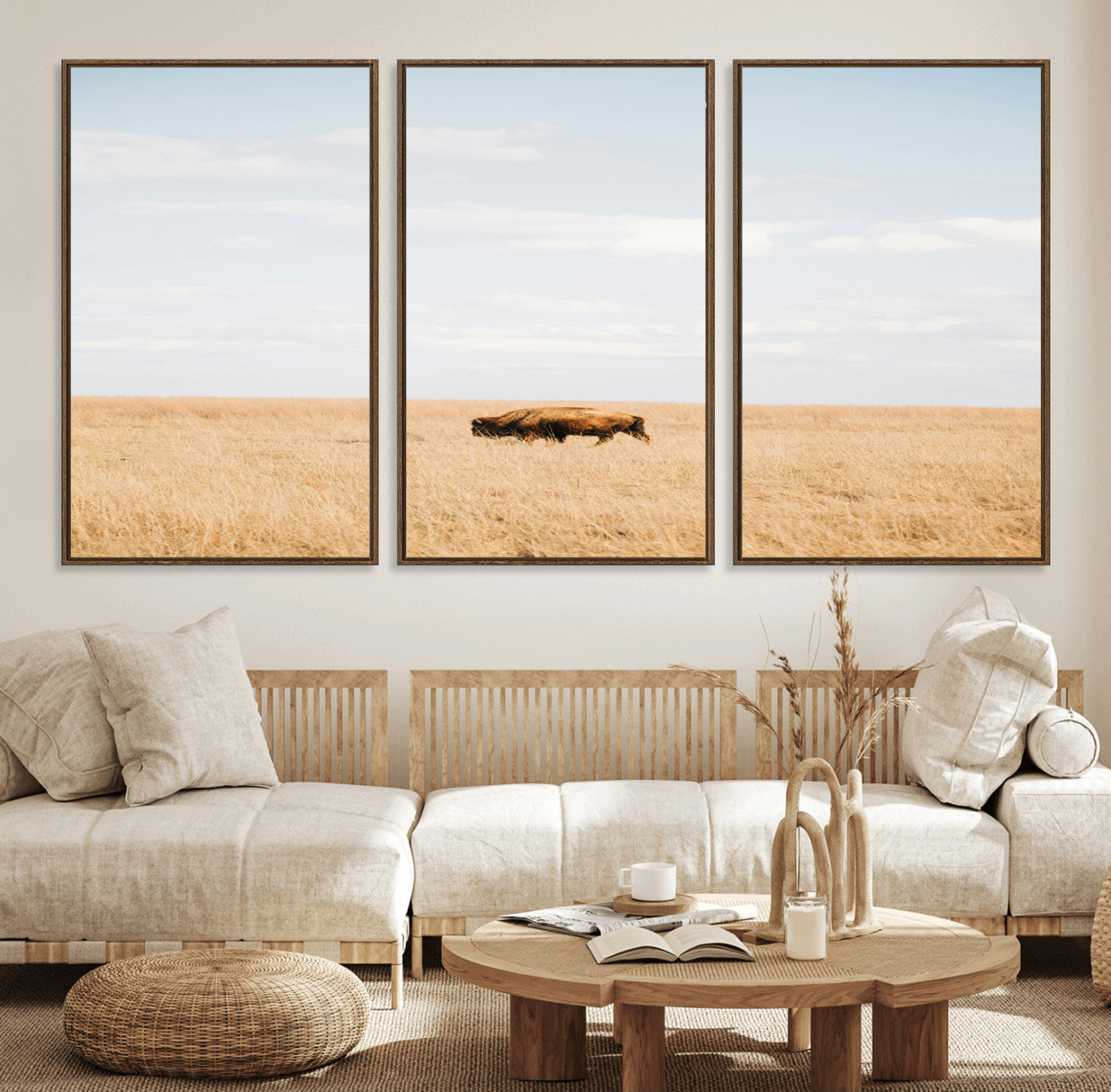 96766166-MGV-FC-60X30-3P_Walnut-Bison Grassland Wall Art – Framed Minimal Nature Canvas Artwork, Open Field Design, Modern Ranch Decor for Home, Office