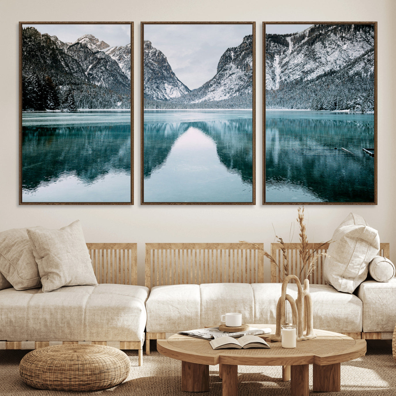 73098373-MGV-FC-60X30-3P_Walnut-Mountain Lake Wall Art Canvas Print – Framed Snowy Peaks Wonderland Nature Scene Artwork for Home Office