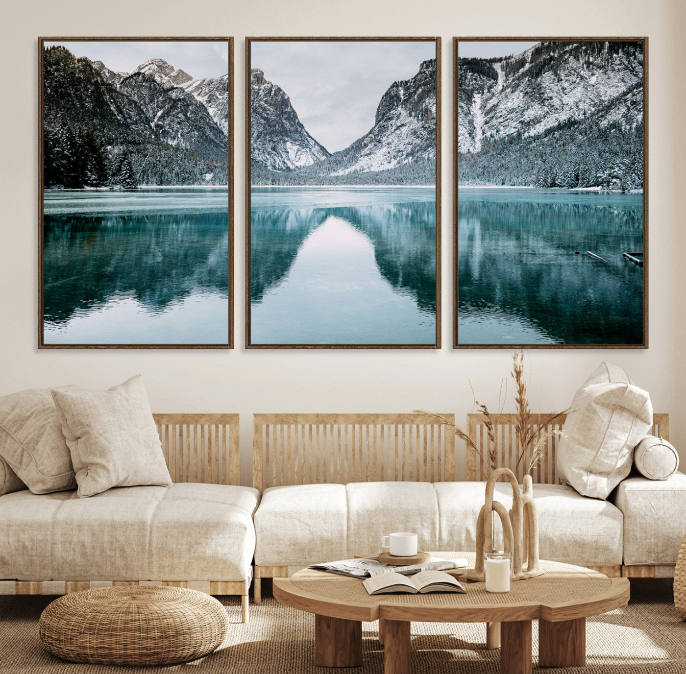 73098373-MGV-FC-60X30-3P_Walnut-Mountain Lake Wall Art Canvas Print – Framed Snowy Peaks Wonderland Nature Scene Artwork for Home Office