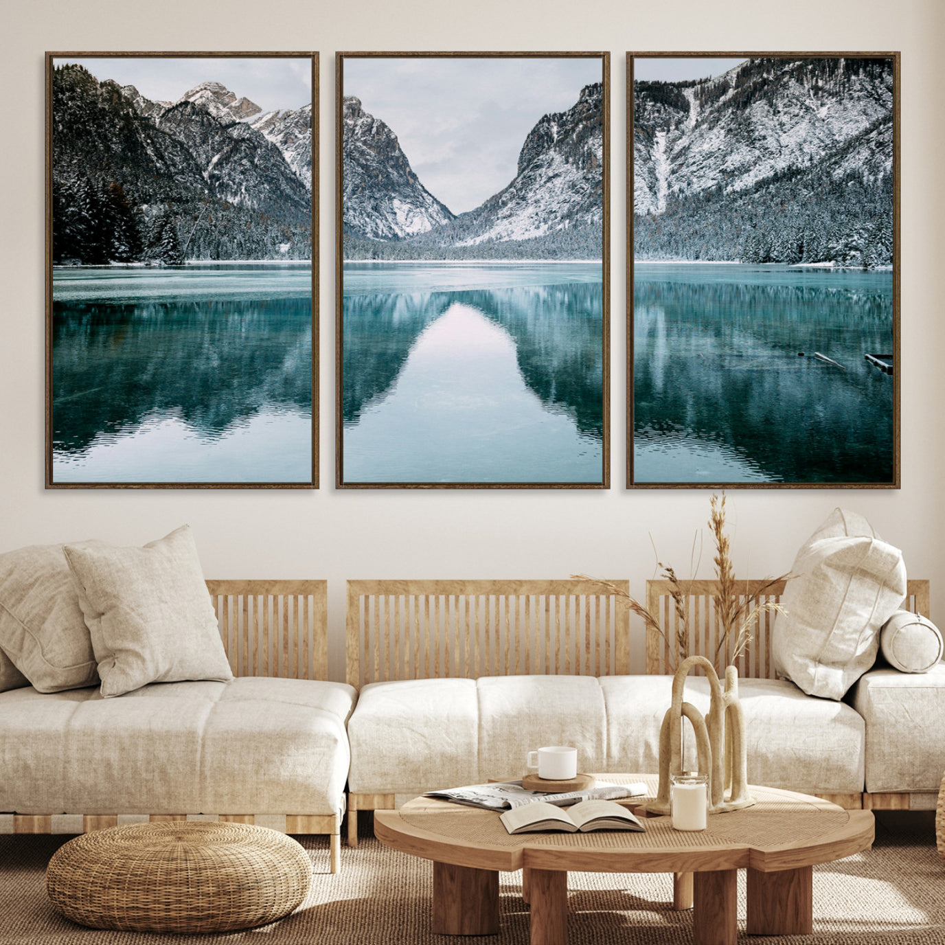 -Mountain Lake Wall Art Canvas Print – Snowy Peaks Winter Wonderland Scene Serene Nature Landscape Artwork for Home Office