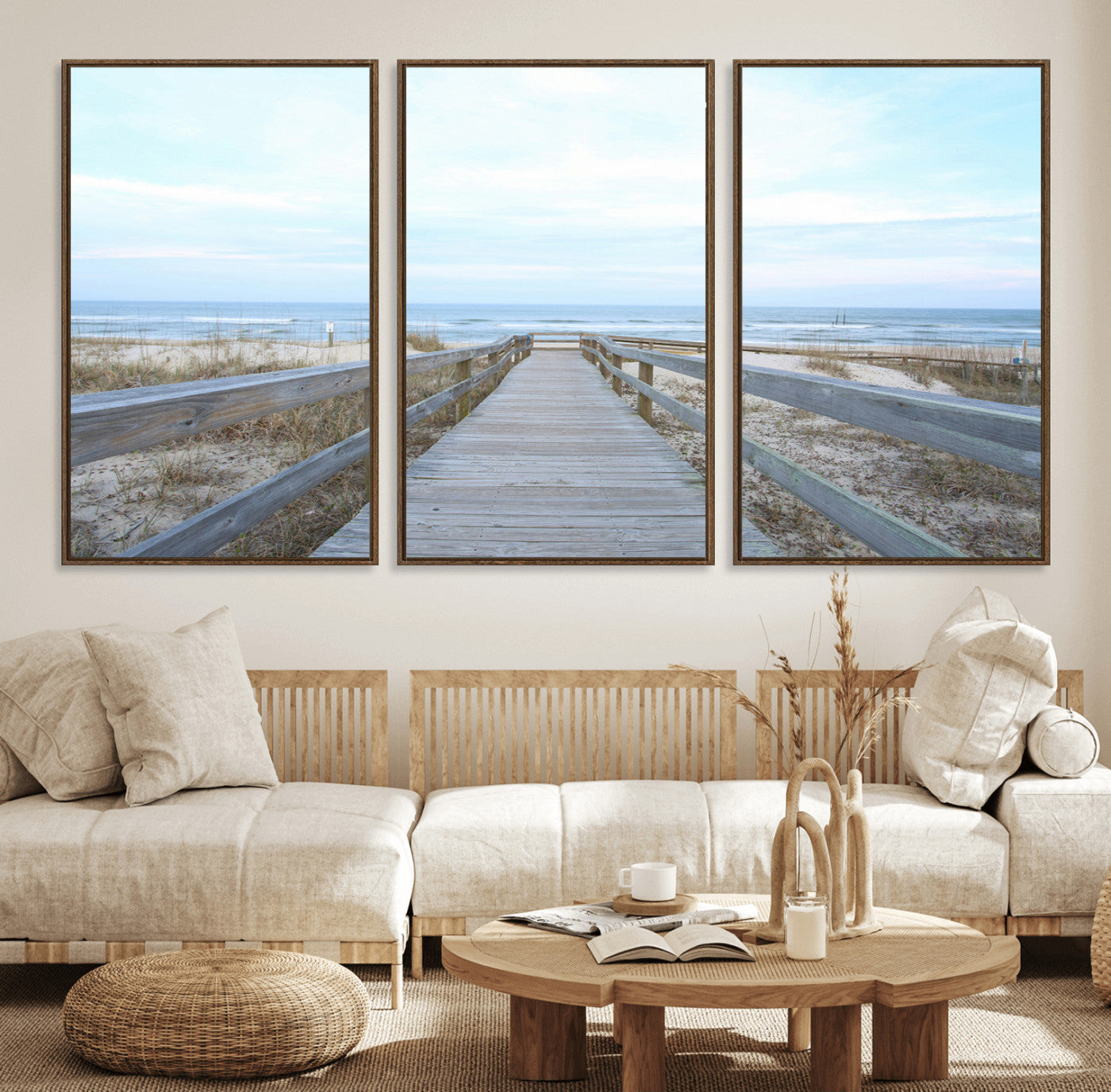 31602988-MGV-FC-60X30-3P_Walnut-Beach Boardwalk Wall Art Canvas Print – Framed Coastal Serenity Ocean View Nature Scene Artwork for Home Office