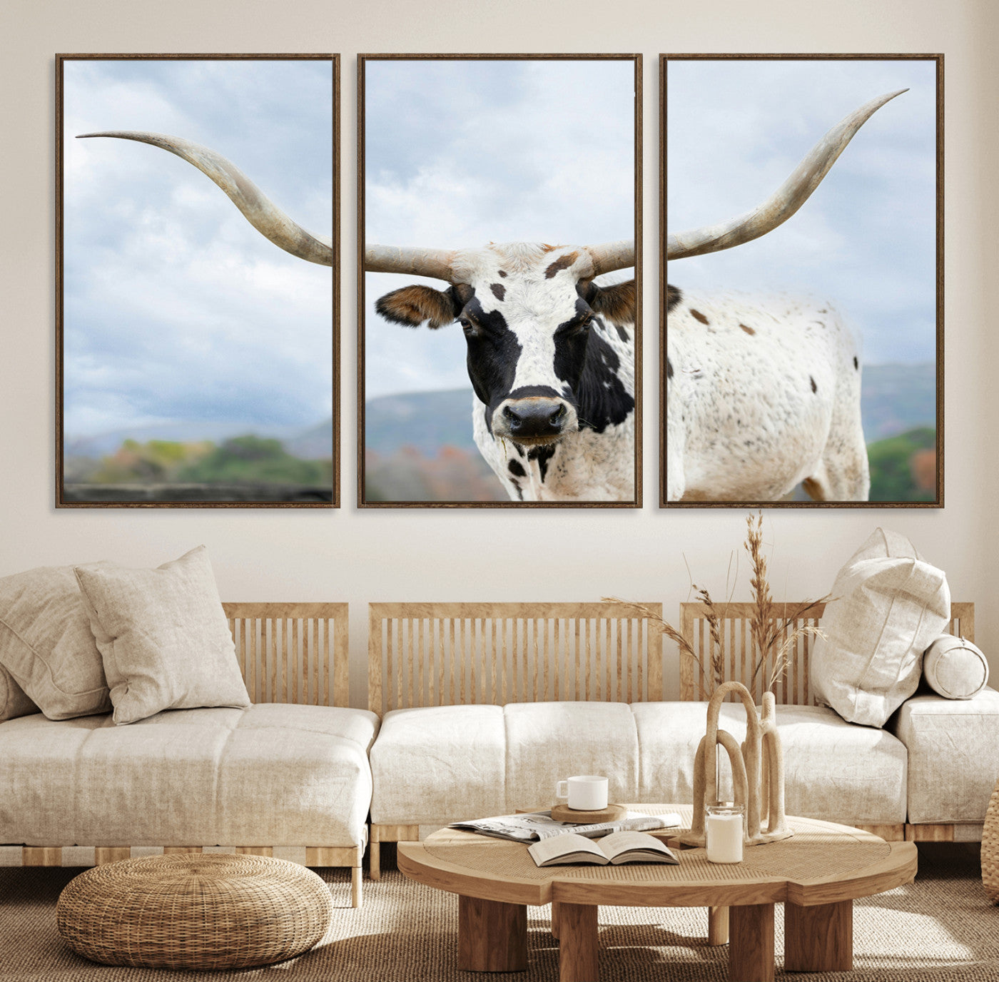 63592811-MGV-FC-60X30-3P_Walnut-Texas Longhorn Wall Art Canvas Print – Framed Western Rustic Farmhouse Nature Scene Artwork for Home Office
