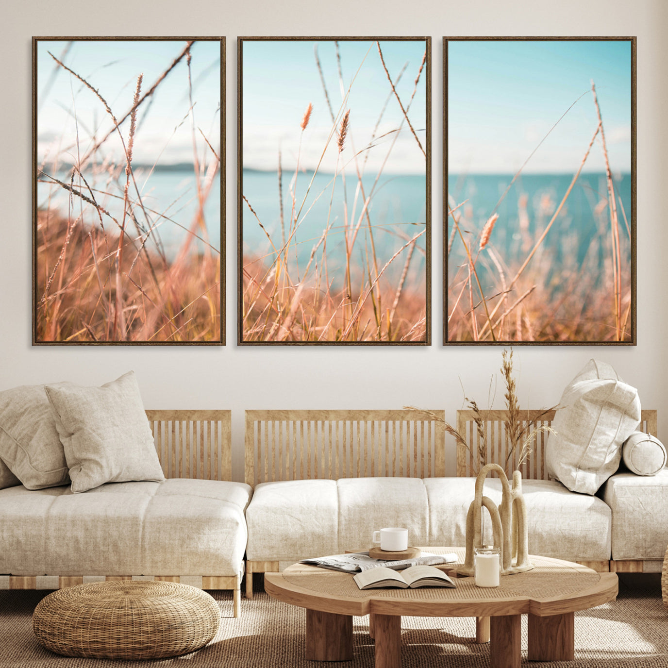36108696-MGV-CV-36X24-Coastal Grass Landscape Wall Art Canvas Print – Golden Shoreline Nature Scene Serene Ocean View Artwork for Home Office