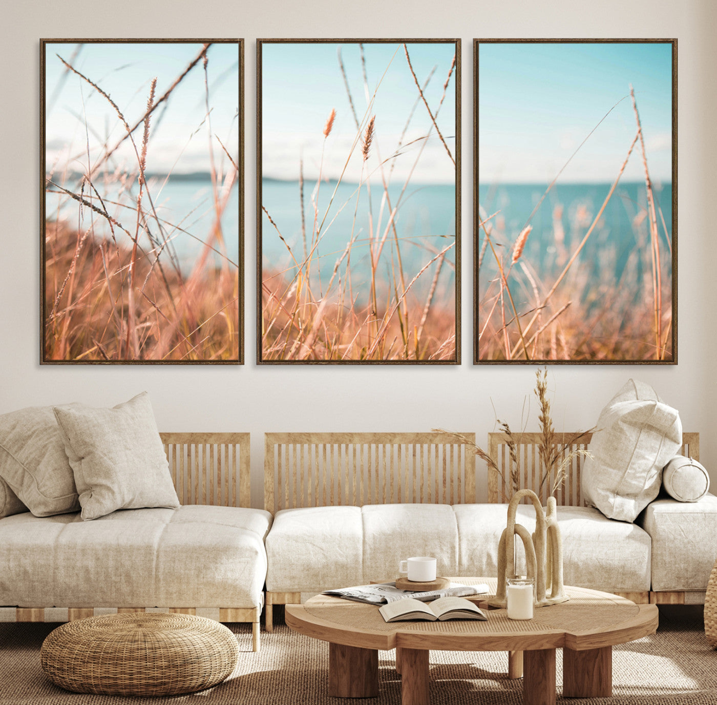 36108696-MGV-CV-36X24-Coastal Grass Landscape Wall Art Canvas Print – Golden Shoreline Nature Scene Serene Ocean View Artwork for Home Office
