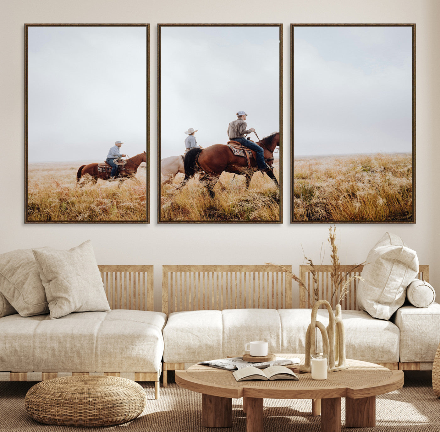 94723307-MGV-CV-36X24-Western Cowboys Wall Art Canvas Print – Rustic Prairie Horseback Riding Scene Country Landscape Artwork for Home Office