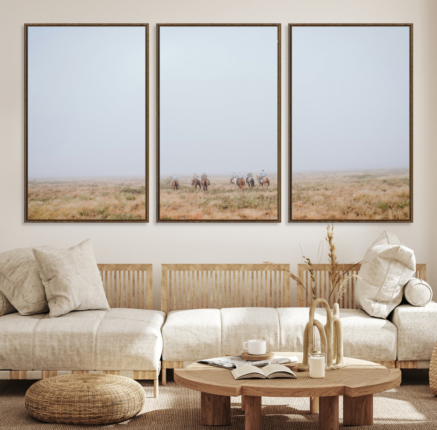 14761944-MGV-CV-36X24-Foggy Plains Wall Art Canvas Print – Framed Horseback Riders Rustic Western Landscape Scene Artwork for Home Office