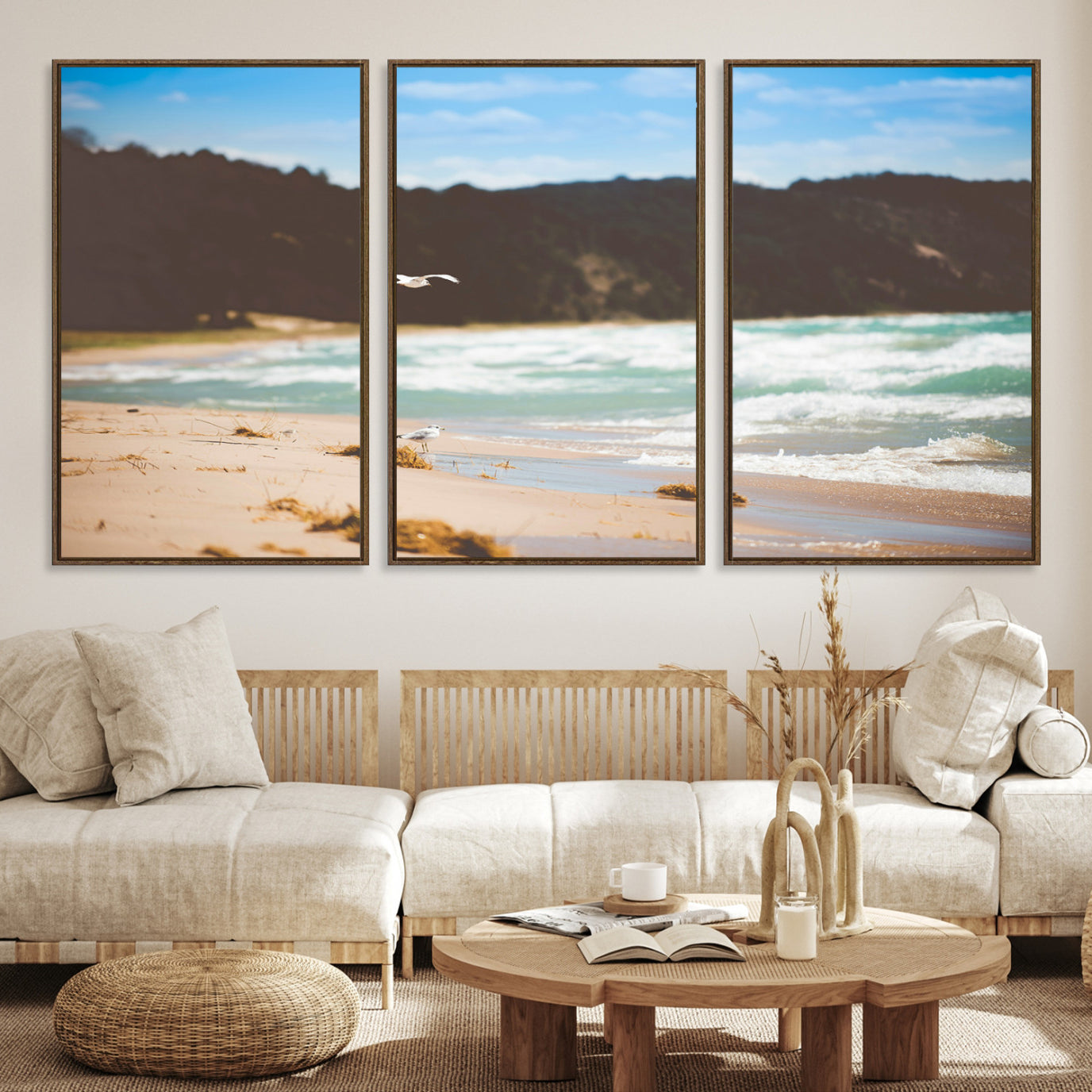 -Tranquil Beach Scene Wall Art Canvas Print – Framed Blue Ocean Waves Sandy Shore Coastal Nature Artwork for Home Office