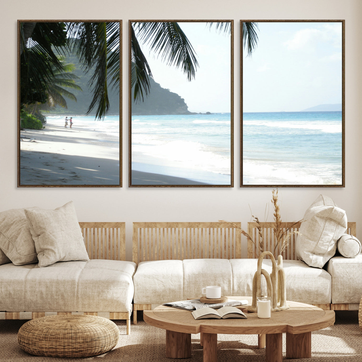 -Tropical Beach Wall Art Canvas Print – Framed Serene Ocean Scene Palm Tree Shadows Coastal Nature Artwork for Home Office