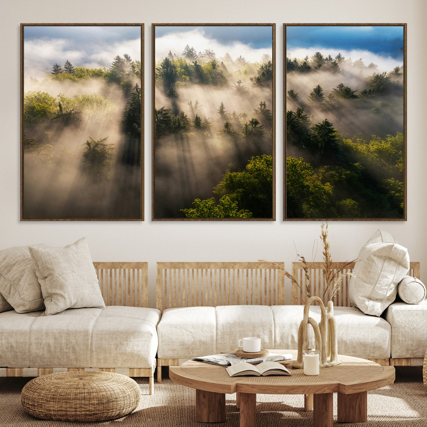 -Tranquil Forest Scene Wall Art Canvas Print – Framed Moody Sunbeam Through Trees Nature Artwork for Home Office